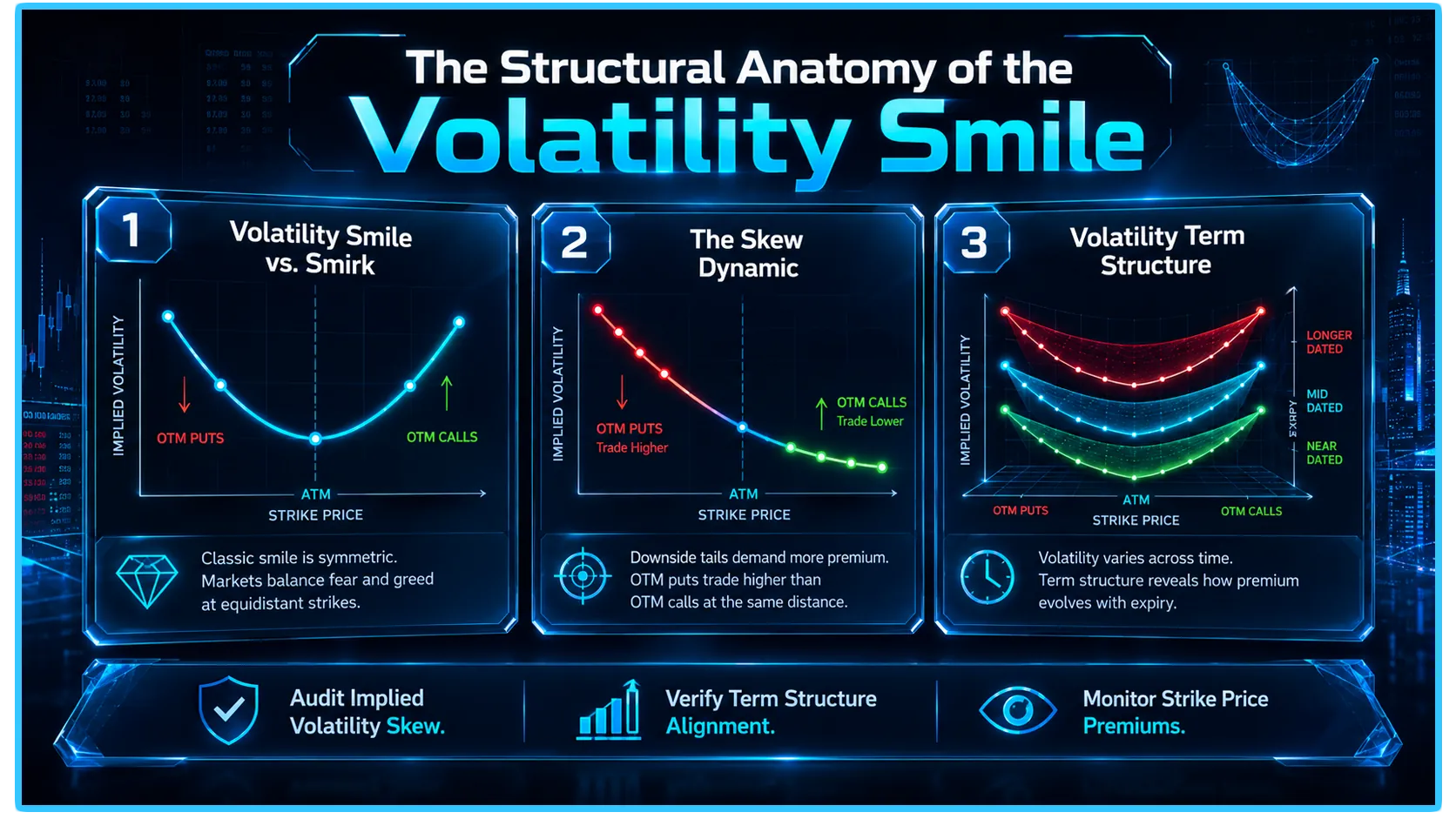 Graph illustrating the volatility smile concept in cryptocurrency markets, highlighting varying implied volatility across strike prices.