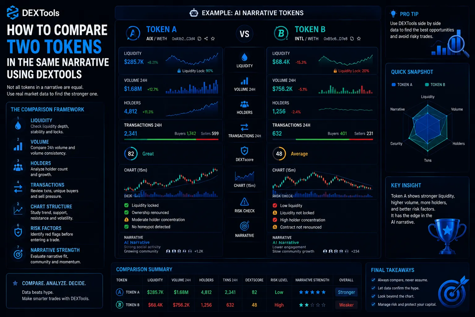 Illustration of DEXTools interface comparing two crypto tokens within a fast-evolving market narrative.
