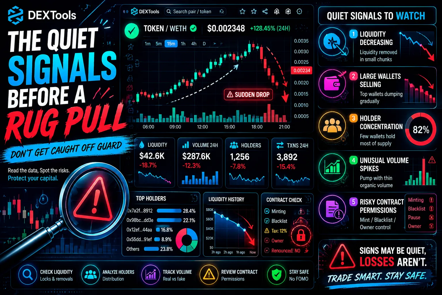 Subtle warning signs of a rug pull in decentralized trading, highlighting liquidity changes and red flags for traders.