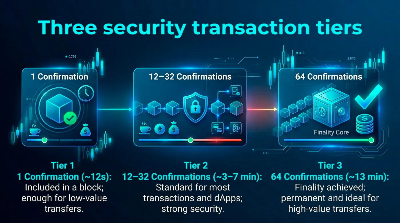 Ethereum transaction tiers graphic illustrating transfer times and confirmation processes in 2026 after major upgrades.