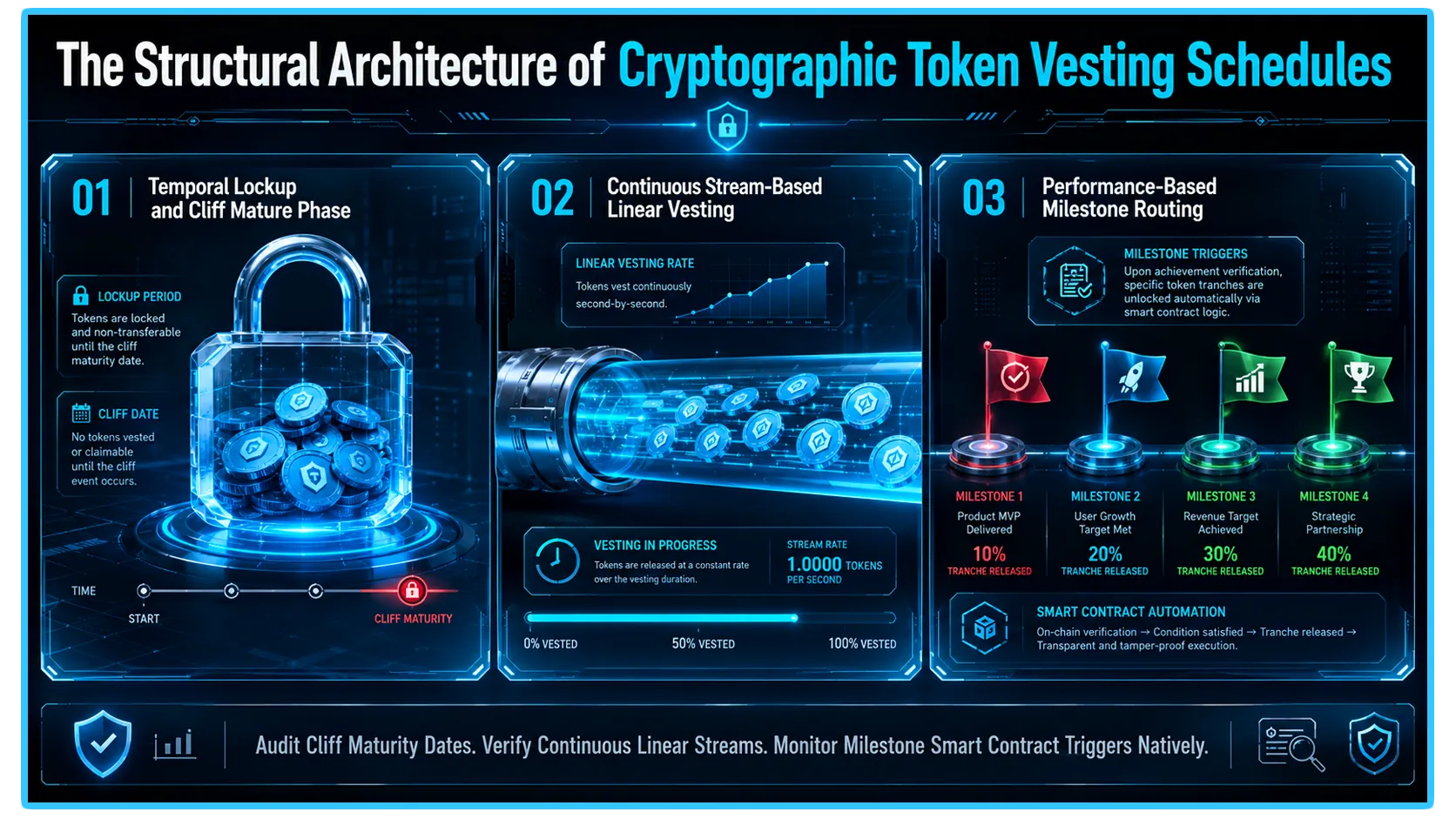 Illustration explaining token vesting schedules, featuring cliff and linear unlock mechanisms in cryptocurrency.
