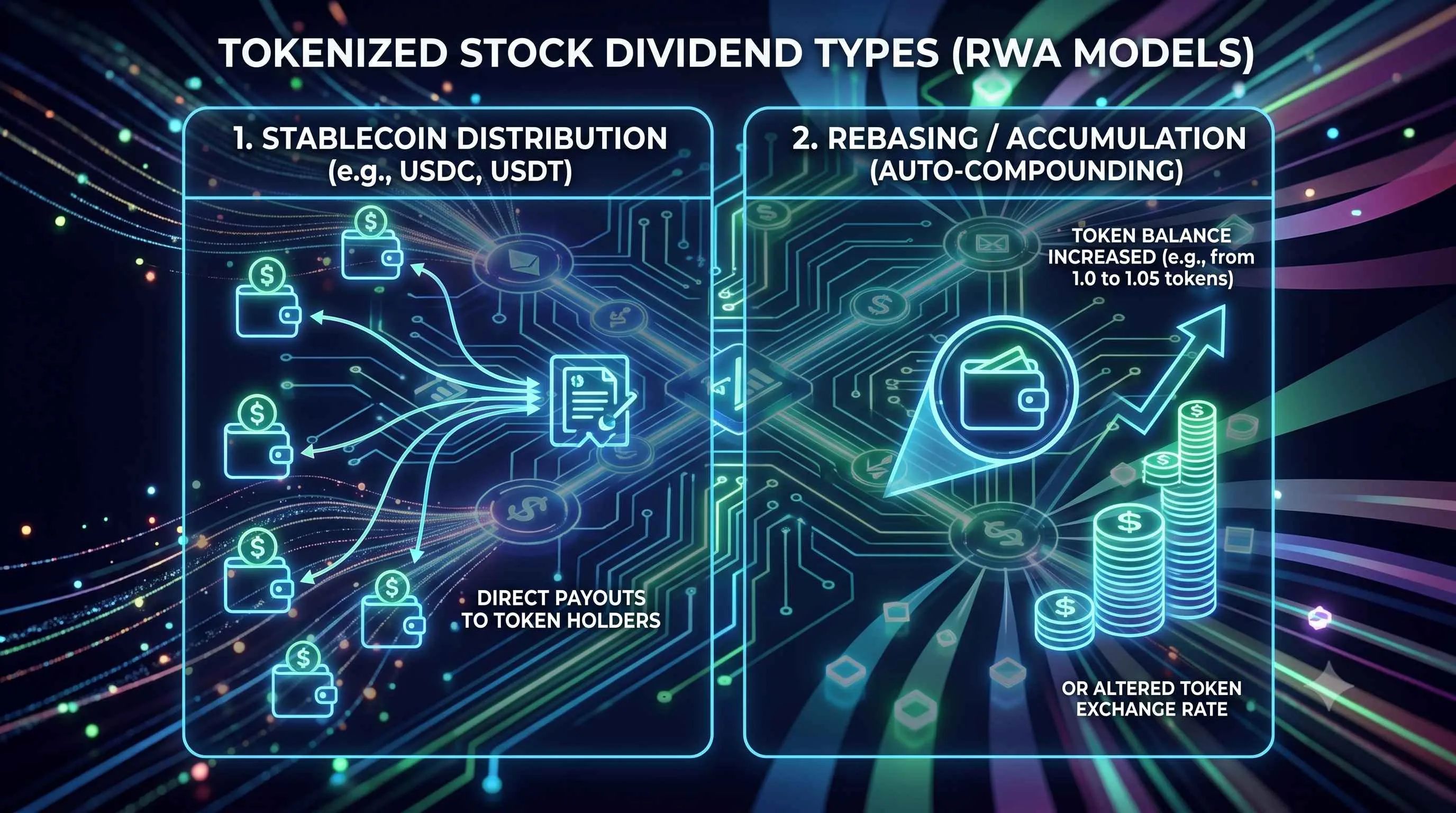 Illustration of tokenized stock dividends, showcasing the integration of traditional finance with decentralized finance (DeFi).