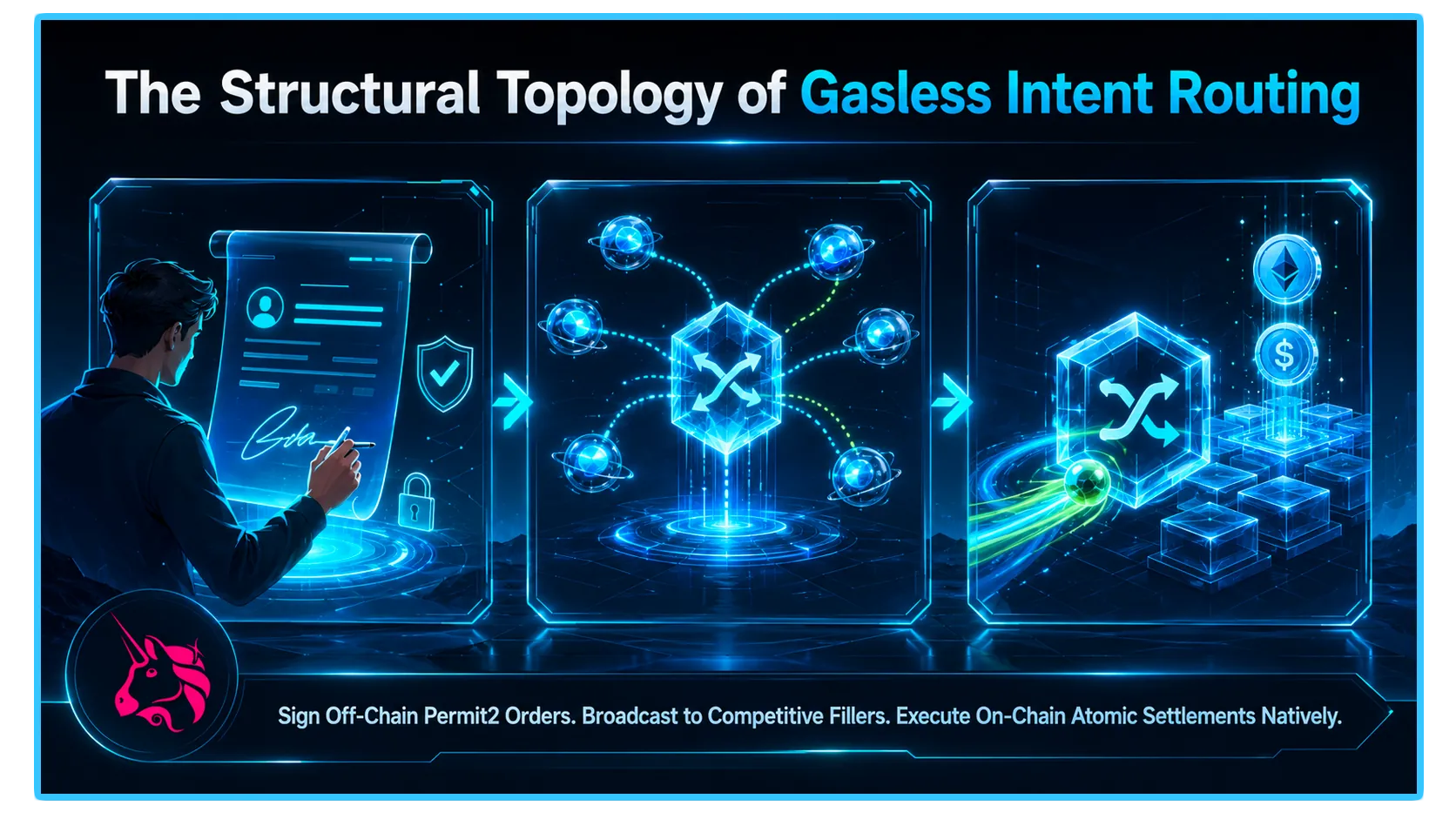 Illustration of gasless swap process on UniswapX, highlighting intent-based architecture for seamless transactions.