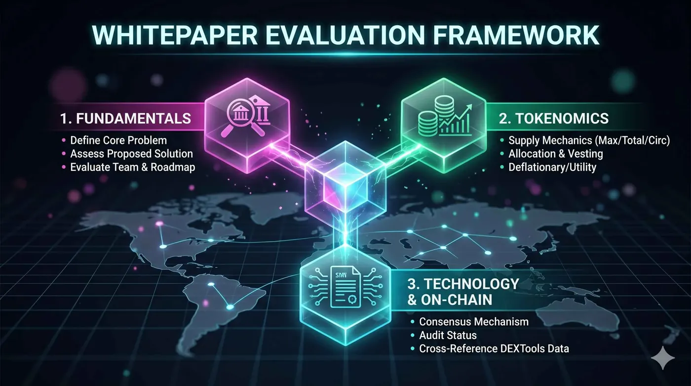 Illustration of a person analyzing a cryptocurrency whitepaper with charts and graphs, emphasizing informed trading decisions.
