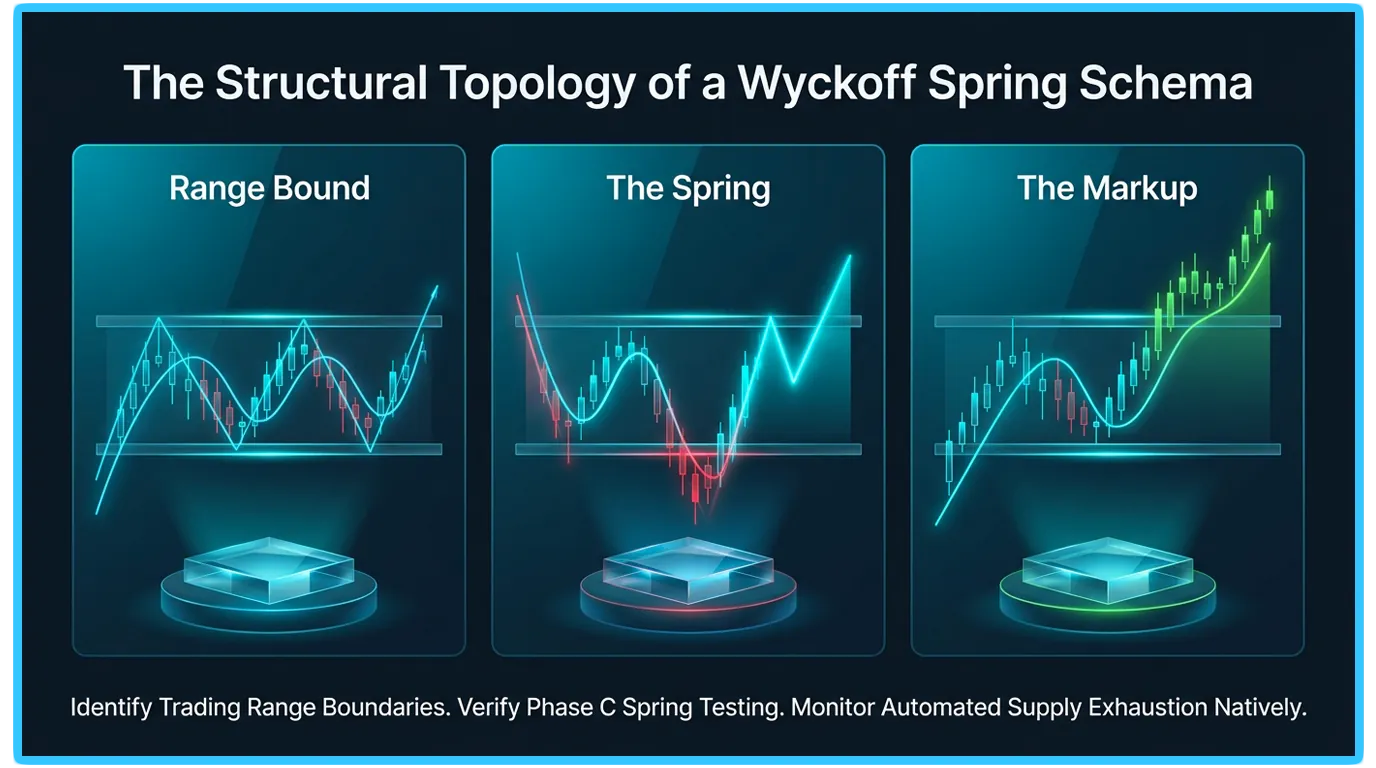 Wyckoff Spring Pattern illustration showing market cycle dynamics and final shakeout trading strategies.