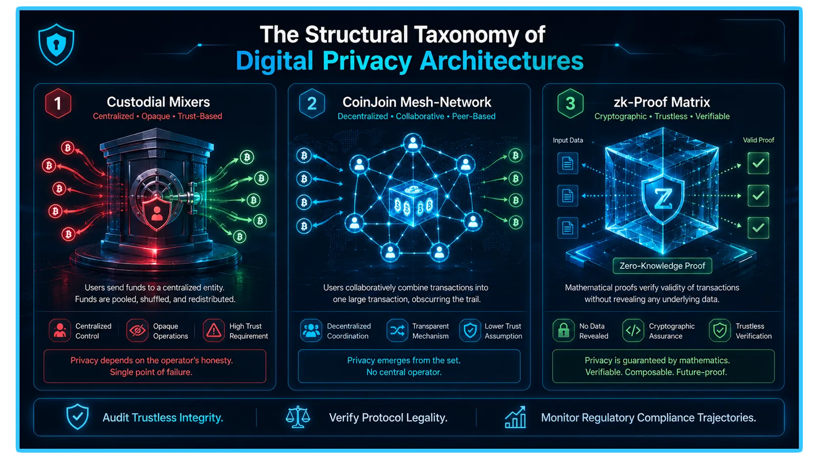 Visual representation of privacy architectures in the digital asset industry and their regulatory compliance challenges.
