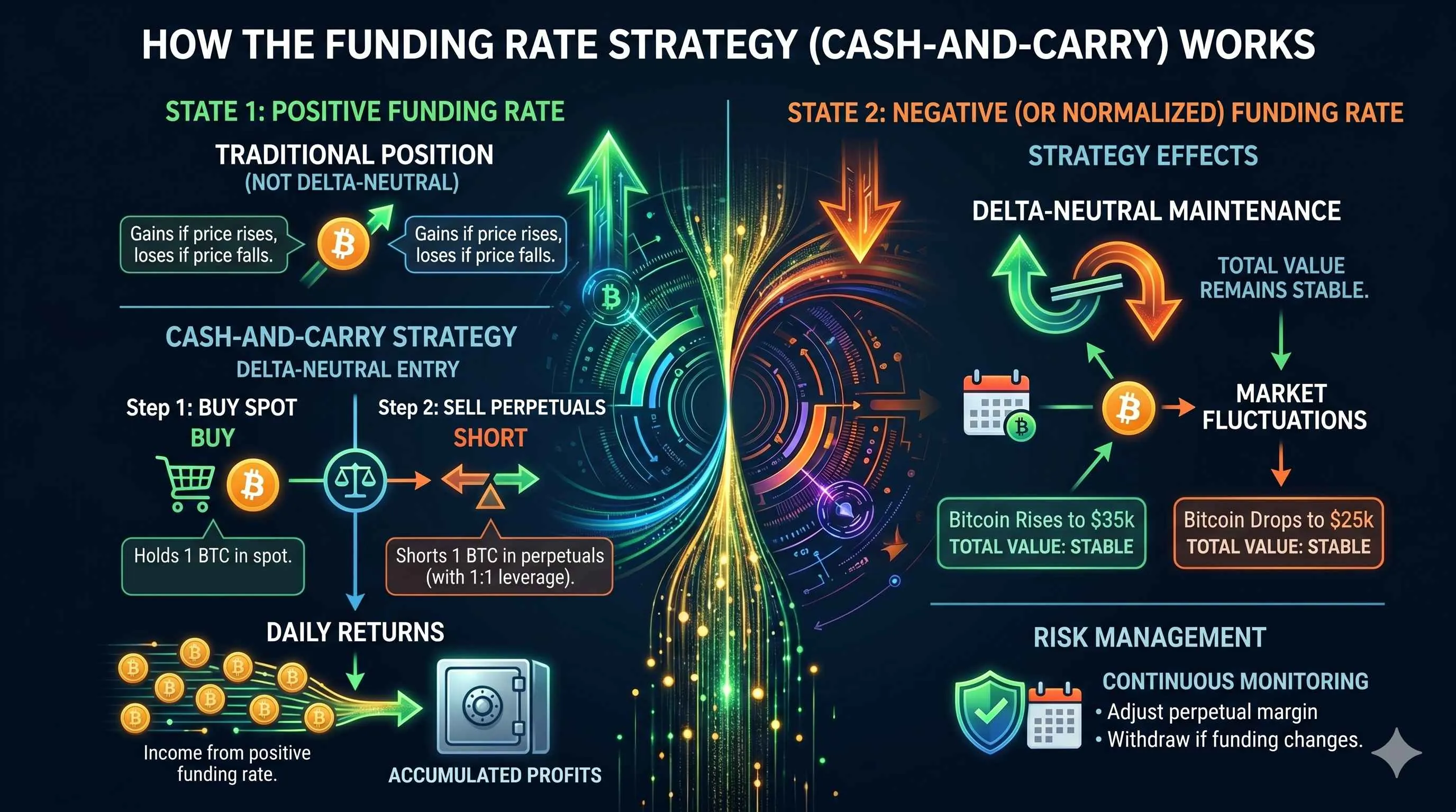 Illustration of crypto funding rate strategy, highlighting cash-and-carry trading in volatile cryptocurrency markets.
