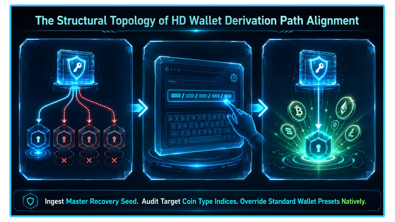 Image illustrating the process of recovering a cryptocurrency wallet with the wrong derivation path, featuring wallet interfaces and recovery phrases.