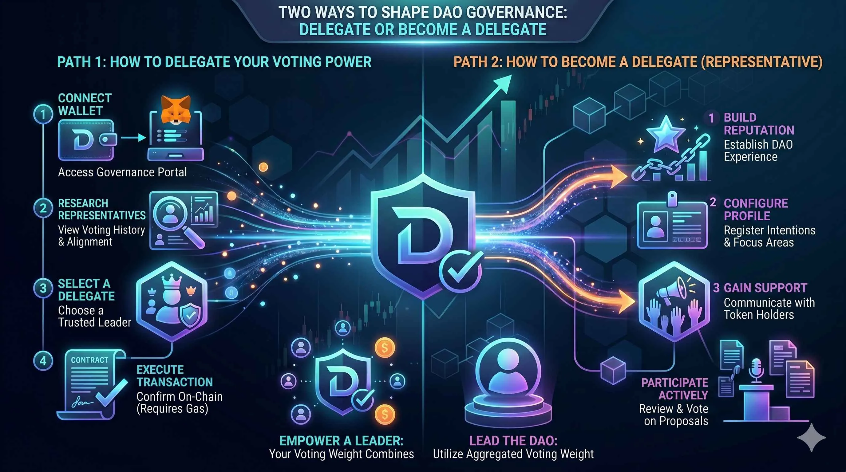 Illustration of vote delegation in DeFi, showcasing decentralized governance and token holder participation in decision-making.