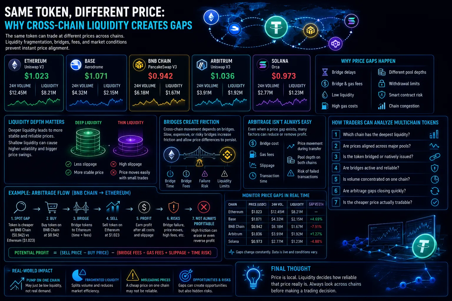 A visual representation of cross-chain token price discrepancies across Ethereum, BNB Chain, and Solana networks.