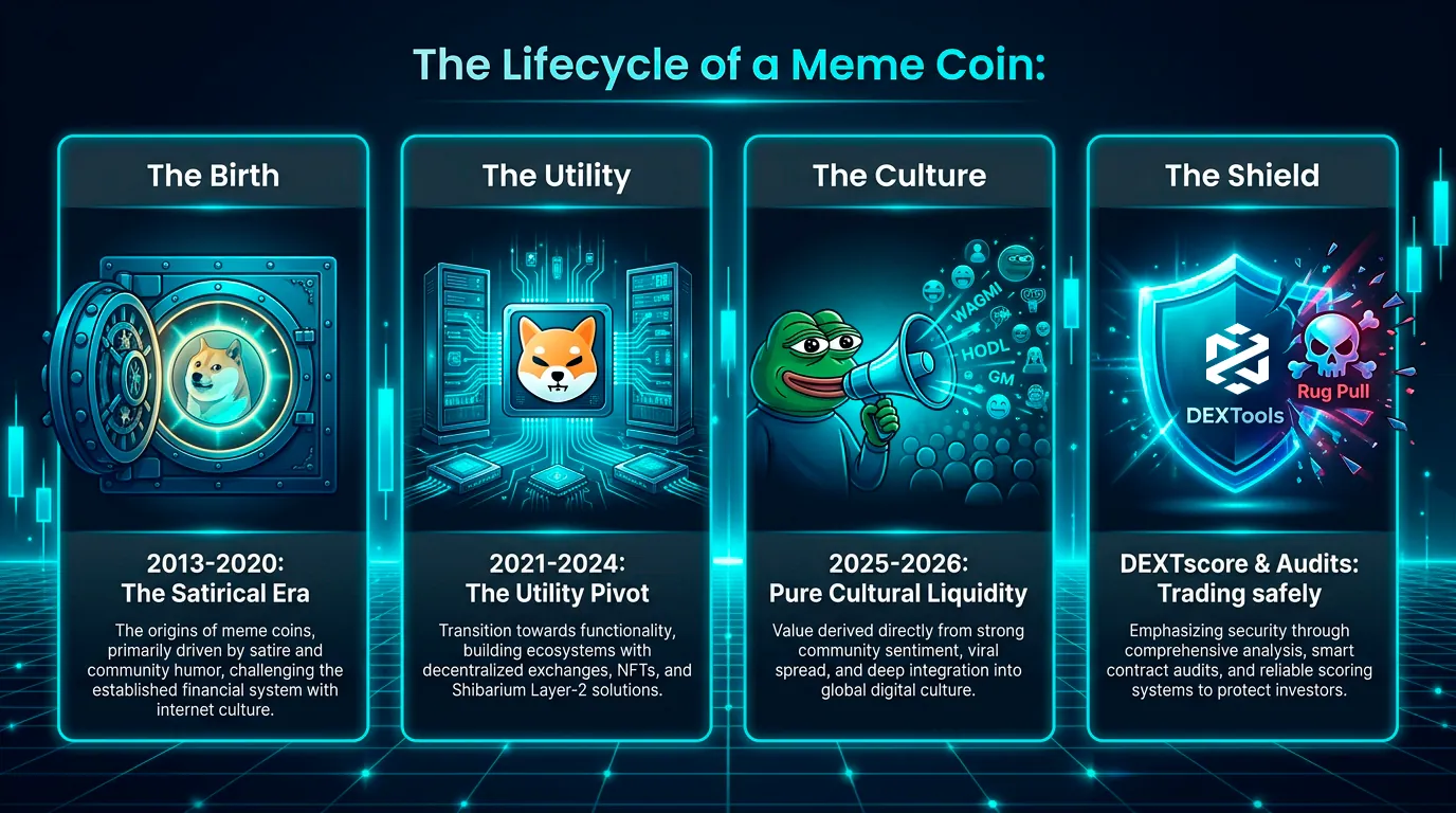 Infografik, die den Lebenszyklus von Meme Coins im DeFi-Ökosystem veranschaulicht und ihren kulturellen Einfluss und ihre Evolution hervorhebt.