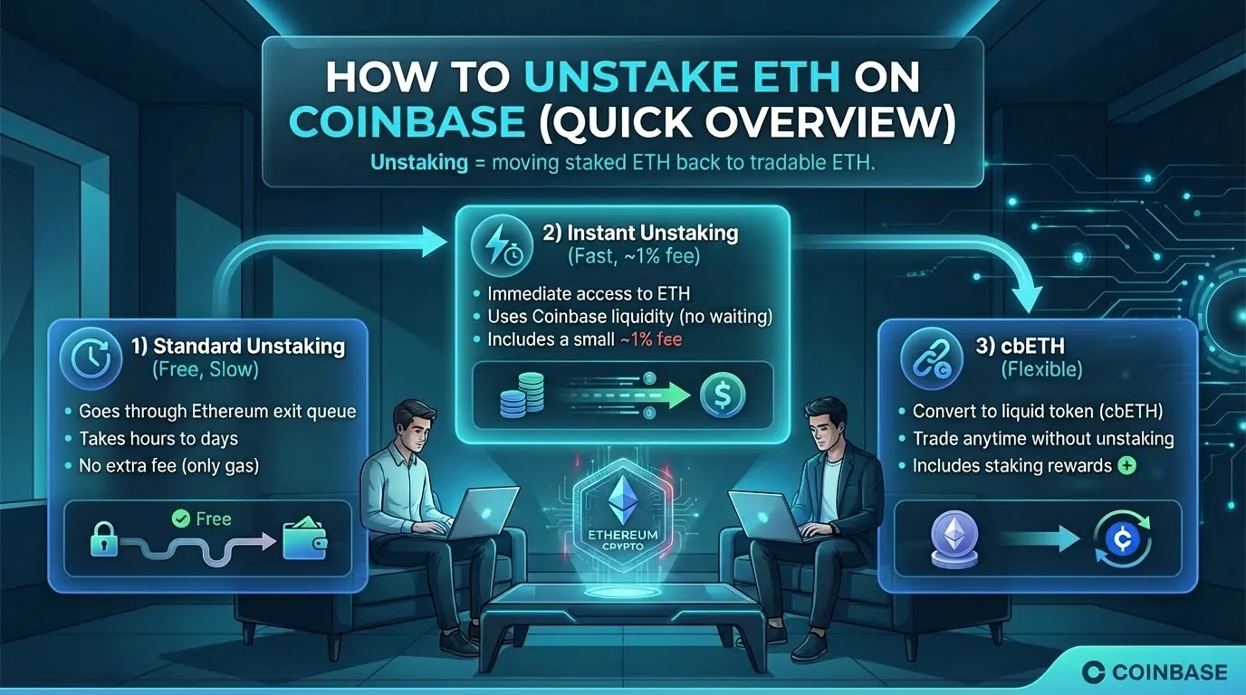 User interface showing how to stake and unstake ETH on Coinbase for Ethereum yield in 2026.