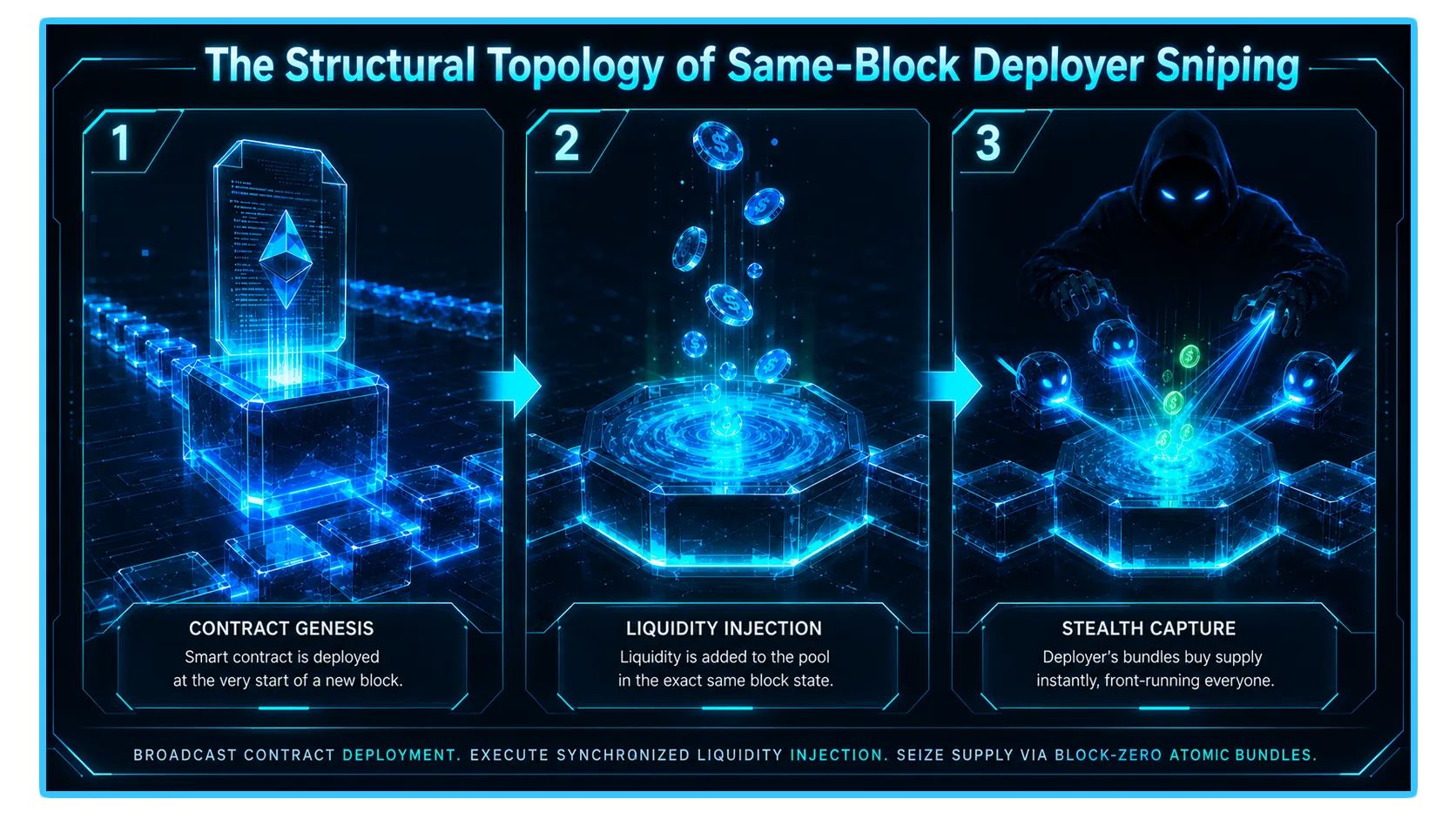 Illustration of same-block sniping in decentralized exchanges during a token launch, highlighting Block Zero's significance.