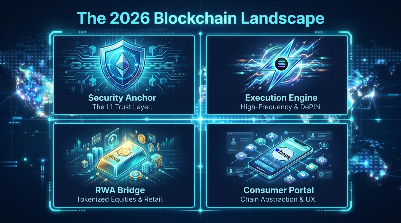 Comparative analysis of Solana, BNB, Ethereum, and Base blockchain ecosystems in 2026.