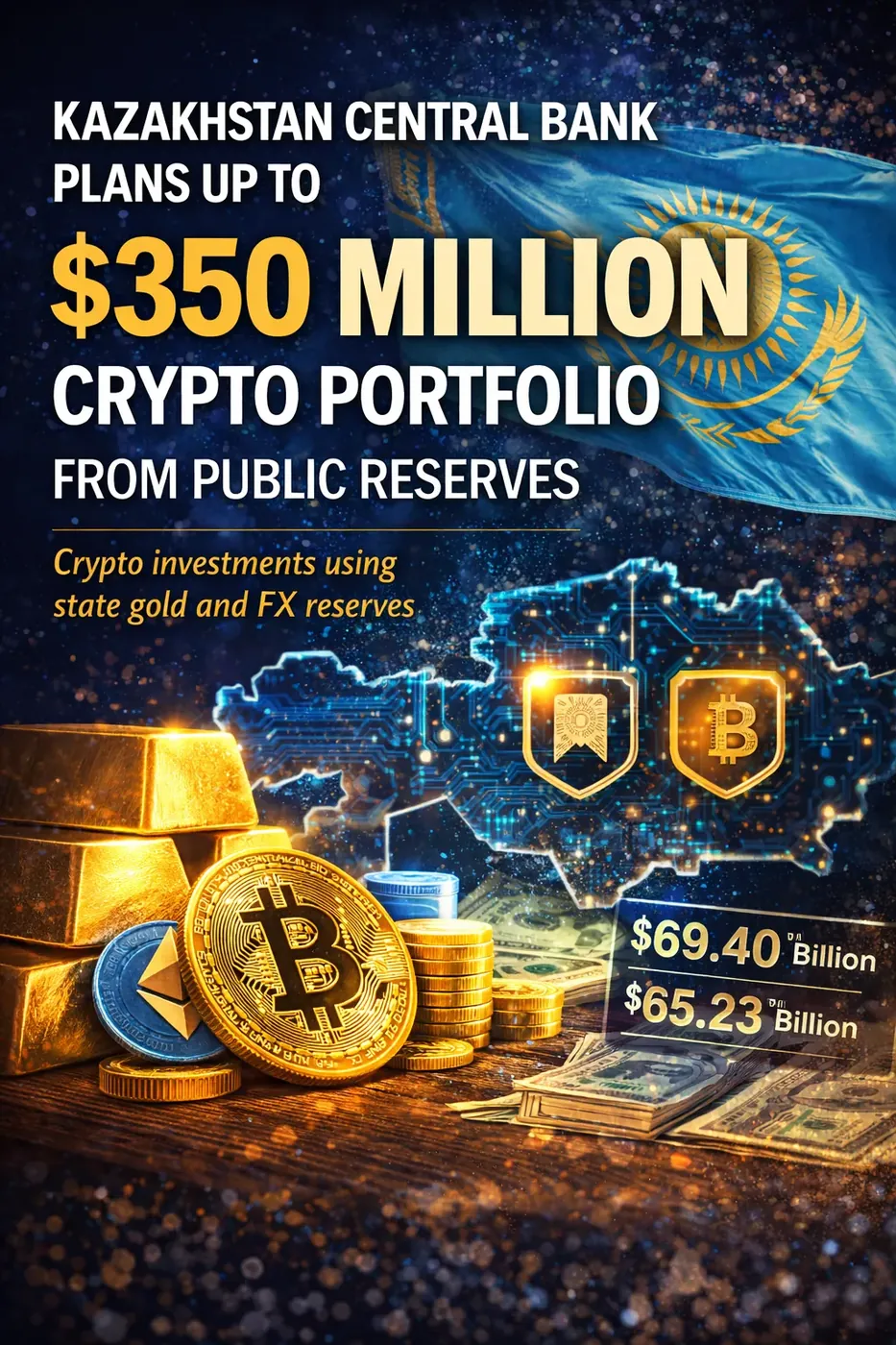 El Banco Central de Kazajistán planea un portafolio cripto de $350 millones a partir de reservas de oro y divisas, impulsando inversiones en activos digitales.