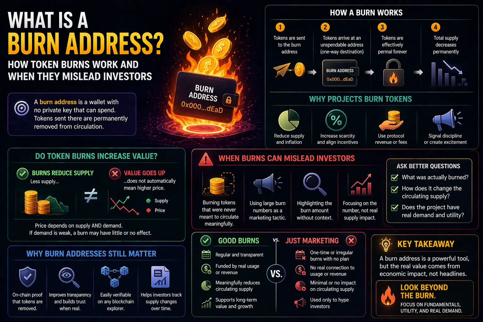Illustration of a burn address concept in cryptocurrency, depicting token removal from circulation and irretrievability.