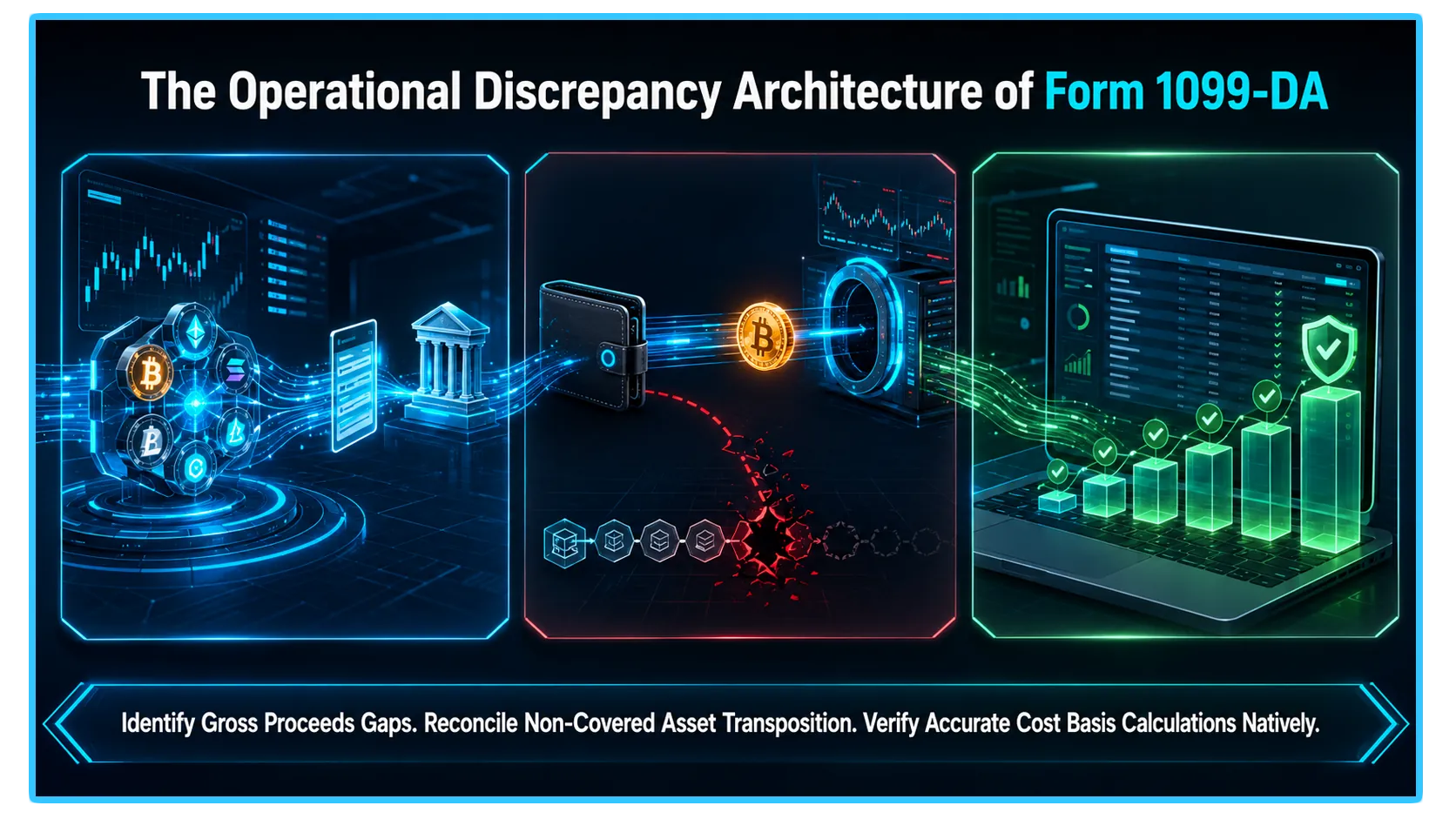 Form 1099-DA graphic illustrating crypto cost basis challenges in tax compliance for digital asset traders.