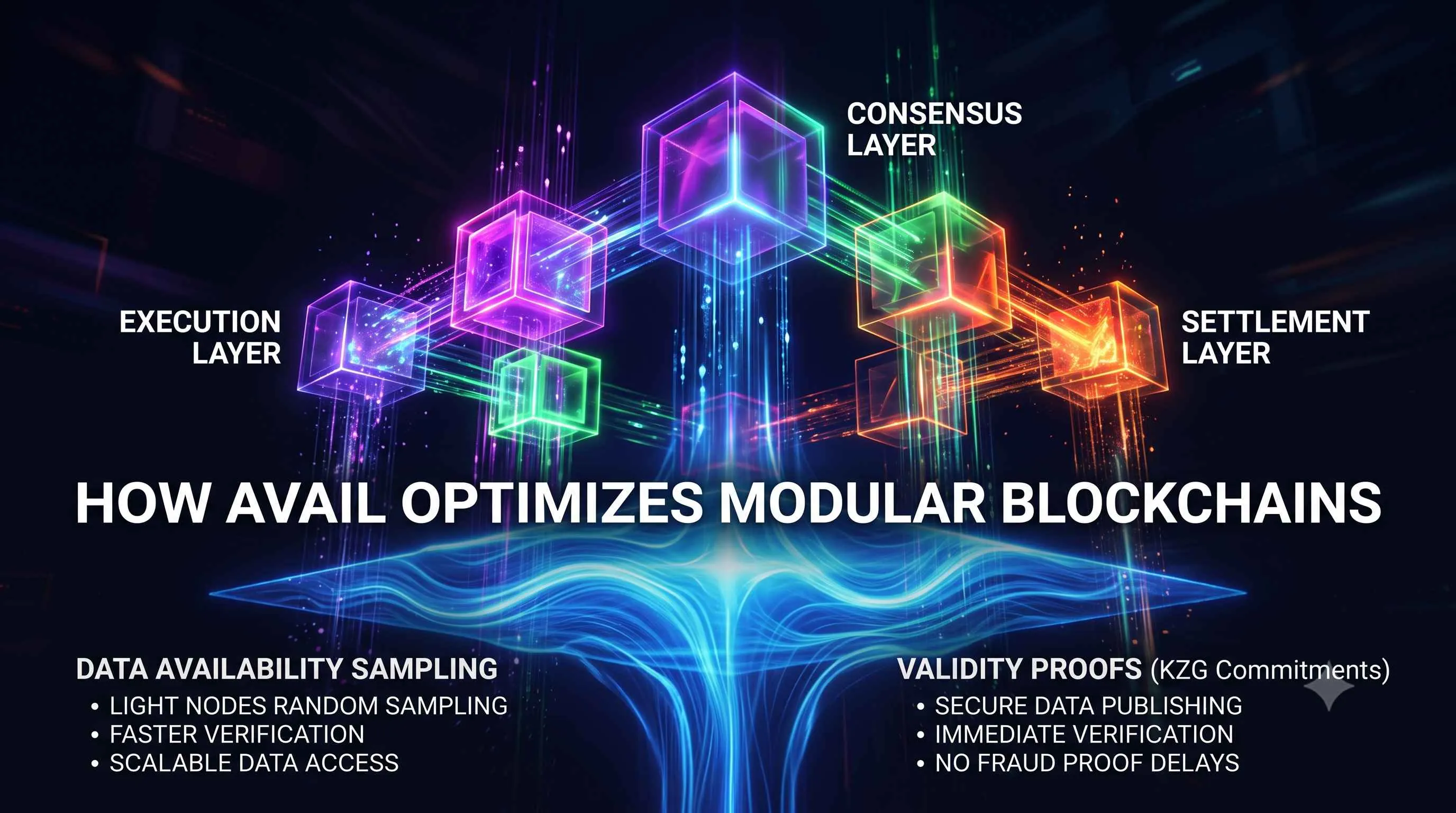 Illustration of modular blockchain architecture highlighting Avail as a unification layer for improved efficiency and scalability.