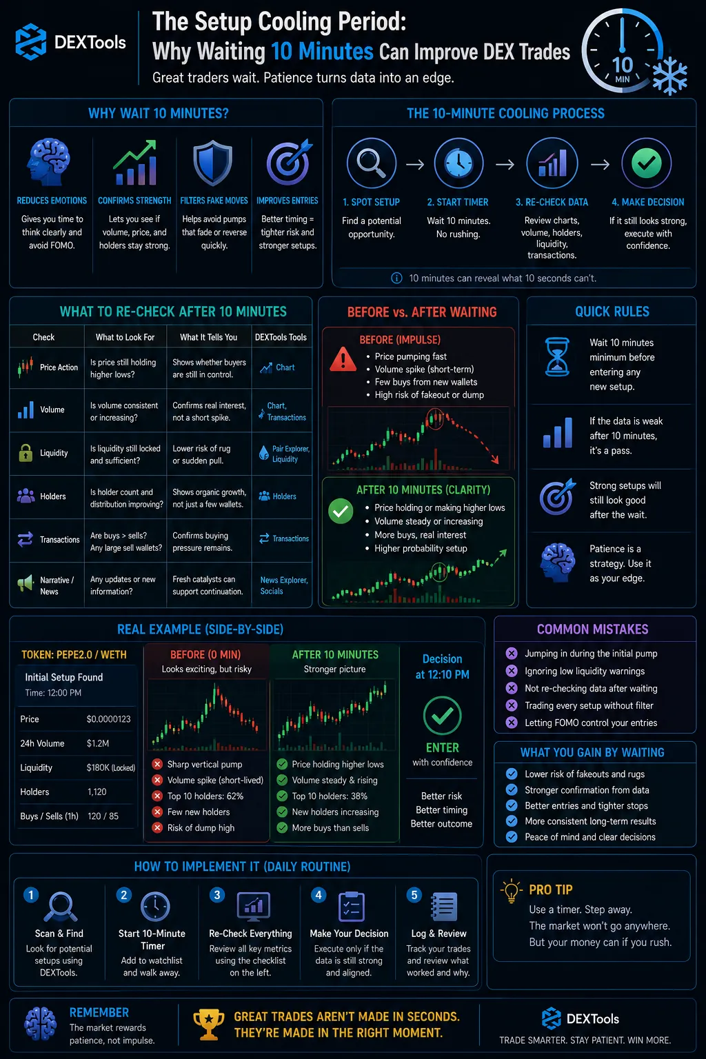 Traders waiting 10 minutes before DEX trades to improve decision-making and reduce emotional urgency.
