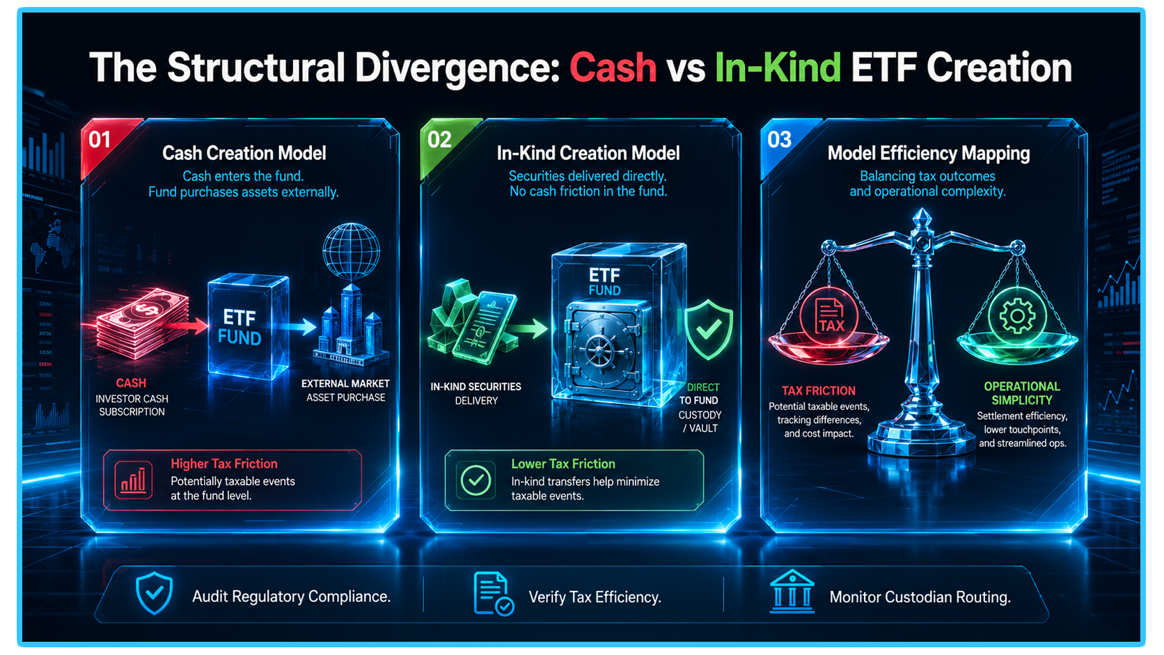 Illustration comparing cash and in-kind creation models for cryptocurrency ETFs in the digital asset industry.