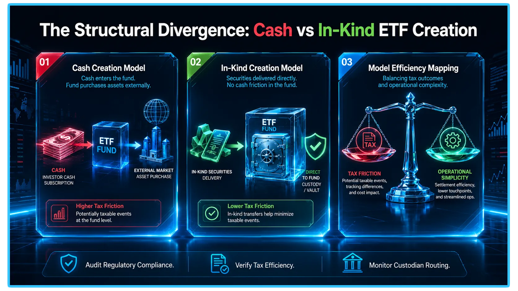 Illustration comparing cash and in-kind creation models for cryptocurrency ETFs in the digital asset industry.