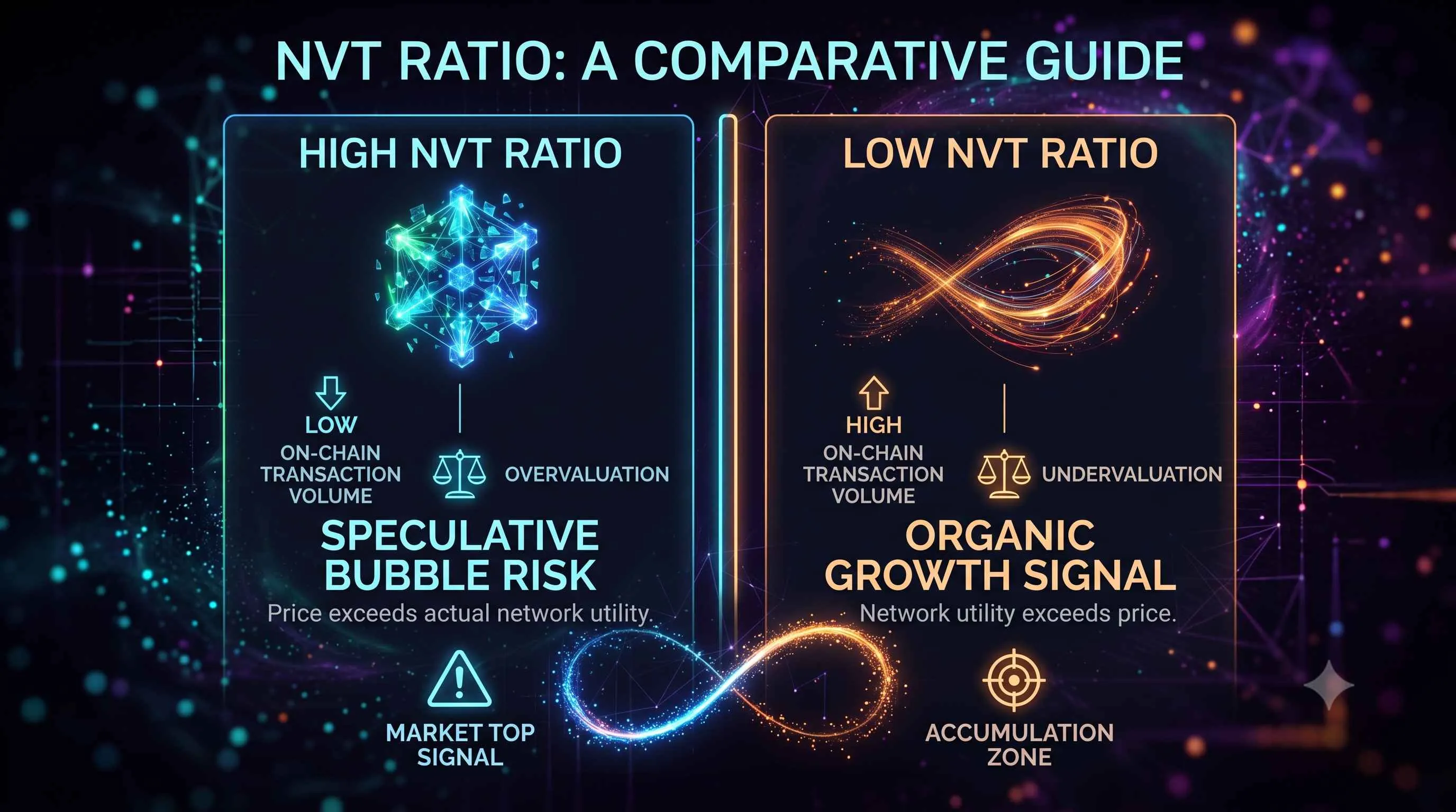 Illustration explaining the NVT ratio, a key metric for evaluating cryptocurrency price-to-earnings valuation.