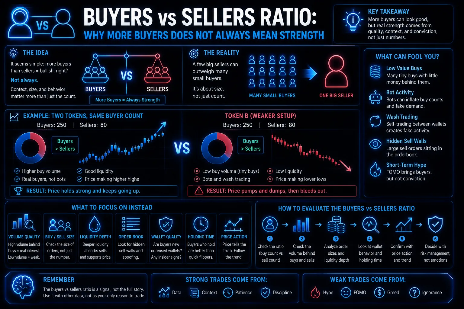 Graphic illustrating the buyers vs sellers ratio in trading, highlighting misconceptions about market strength.
