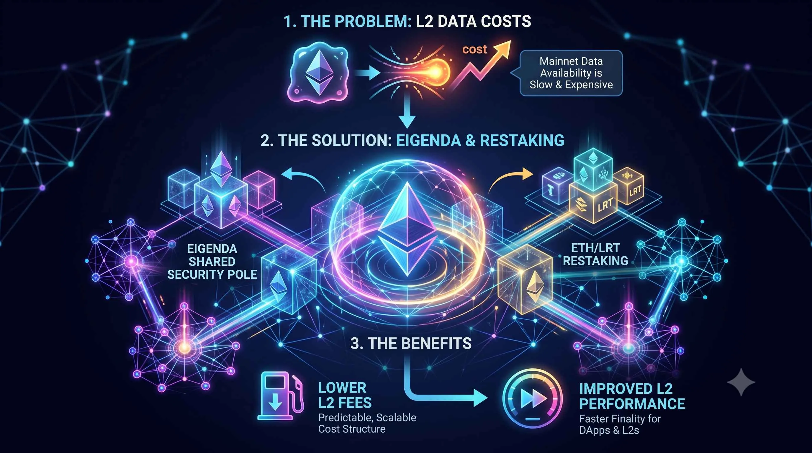 Illustration of EigenDA concept, showcasing restaking and data availability in Ethereum's modular architecture.