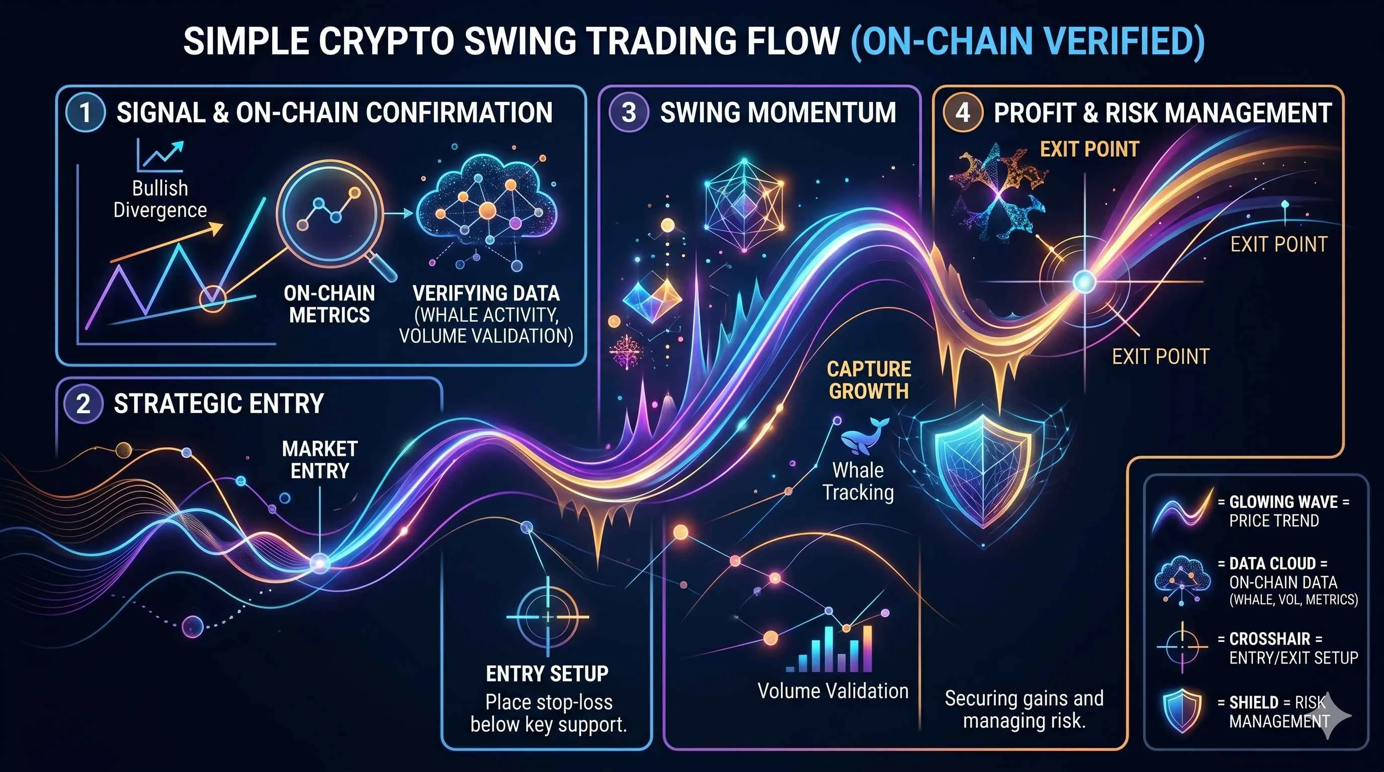 A trader analyzing cryptocurrency charts on a laptop, illustrating swing trading strategies and market analysis.