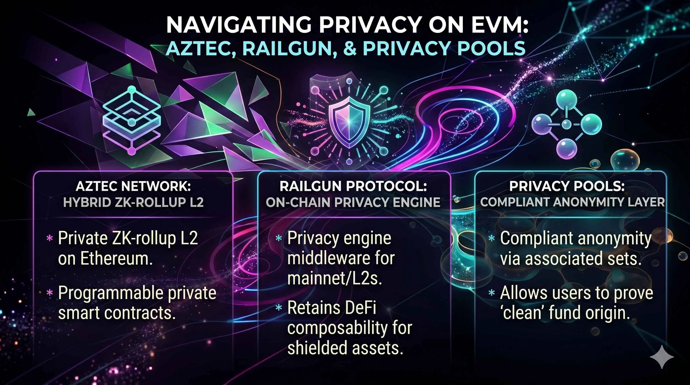 Analysis of privacy solutions on EVM, featuring Aztec, Railgun, and Privacy Pools for enhanced user discretion.