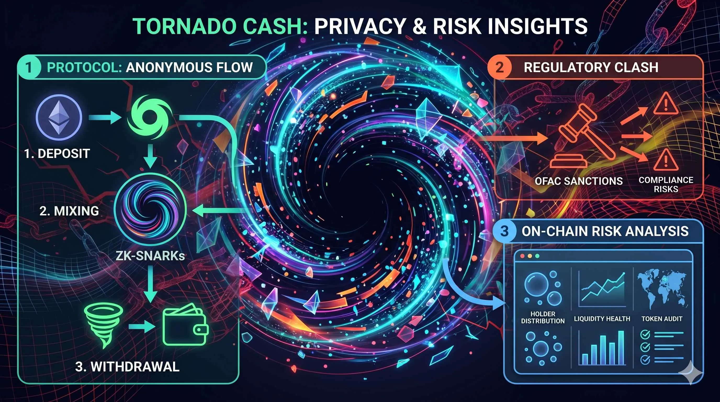 Tornado Cash logo with a backdrop of digital currency symbols, illustrating privacy and regulatory challenges in DeFi.