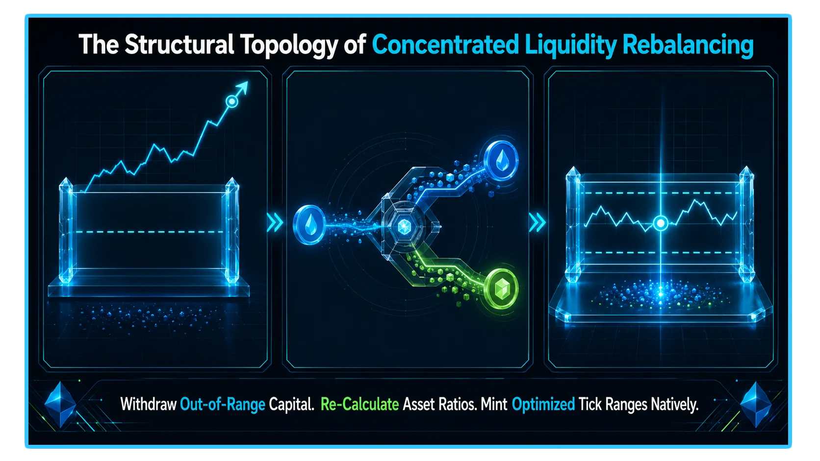 Illustration of decentralized exchange liquidity rebalancing strategies with automated market makers and concentrated liquidity models.