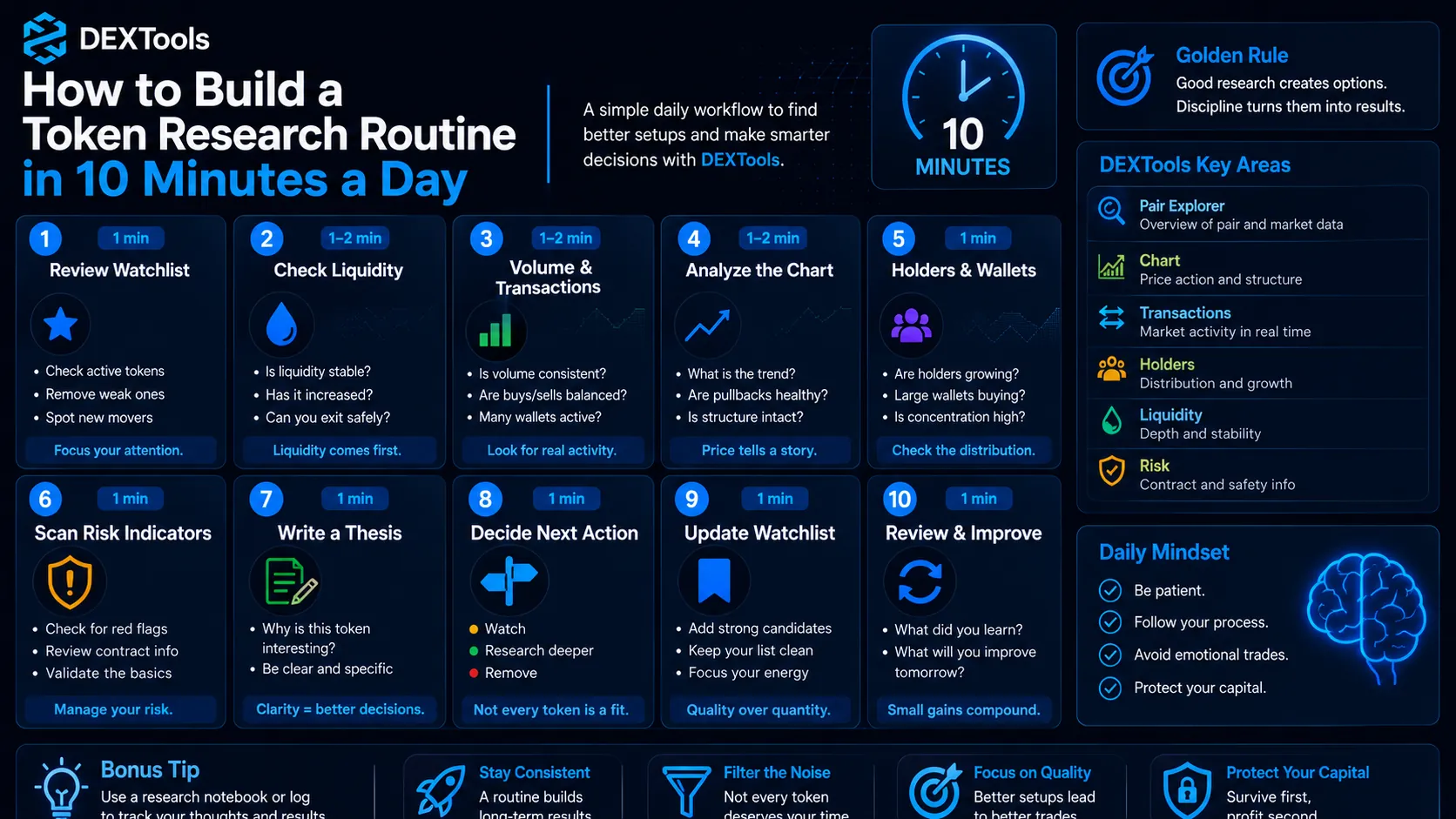 Daily token research routine for crypto traders, emphasizing efficiency and informed decision-making in fast-paced markets.