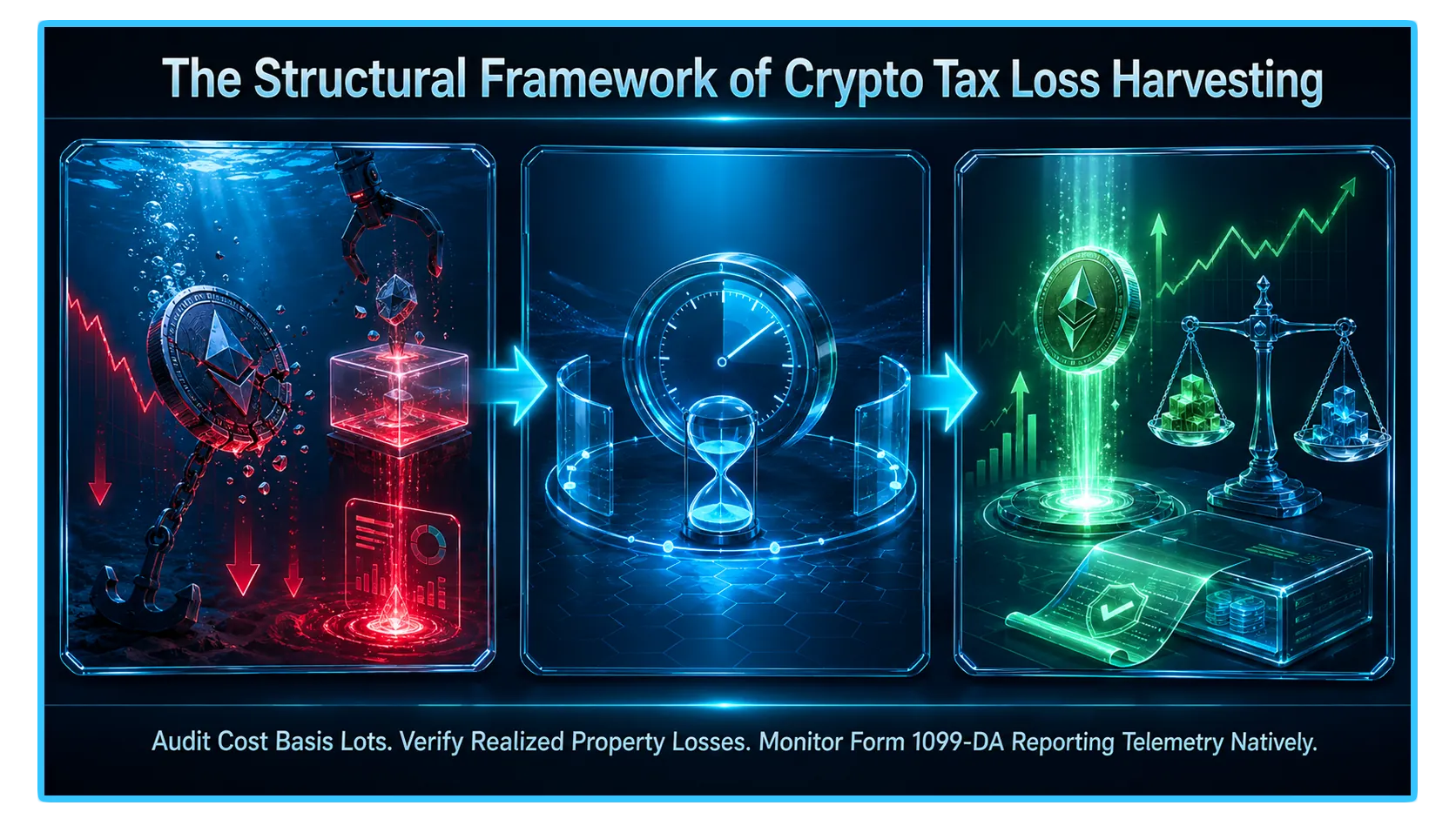 Crypto tax loss harvesting concept with charts showing market volatility and financial strategies for legal rebuying.
