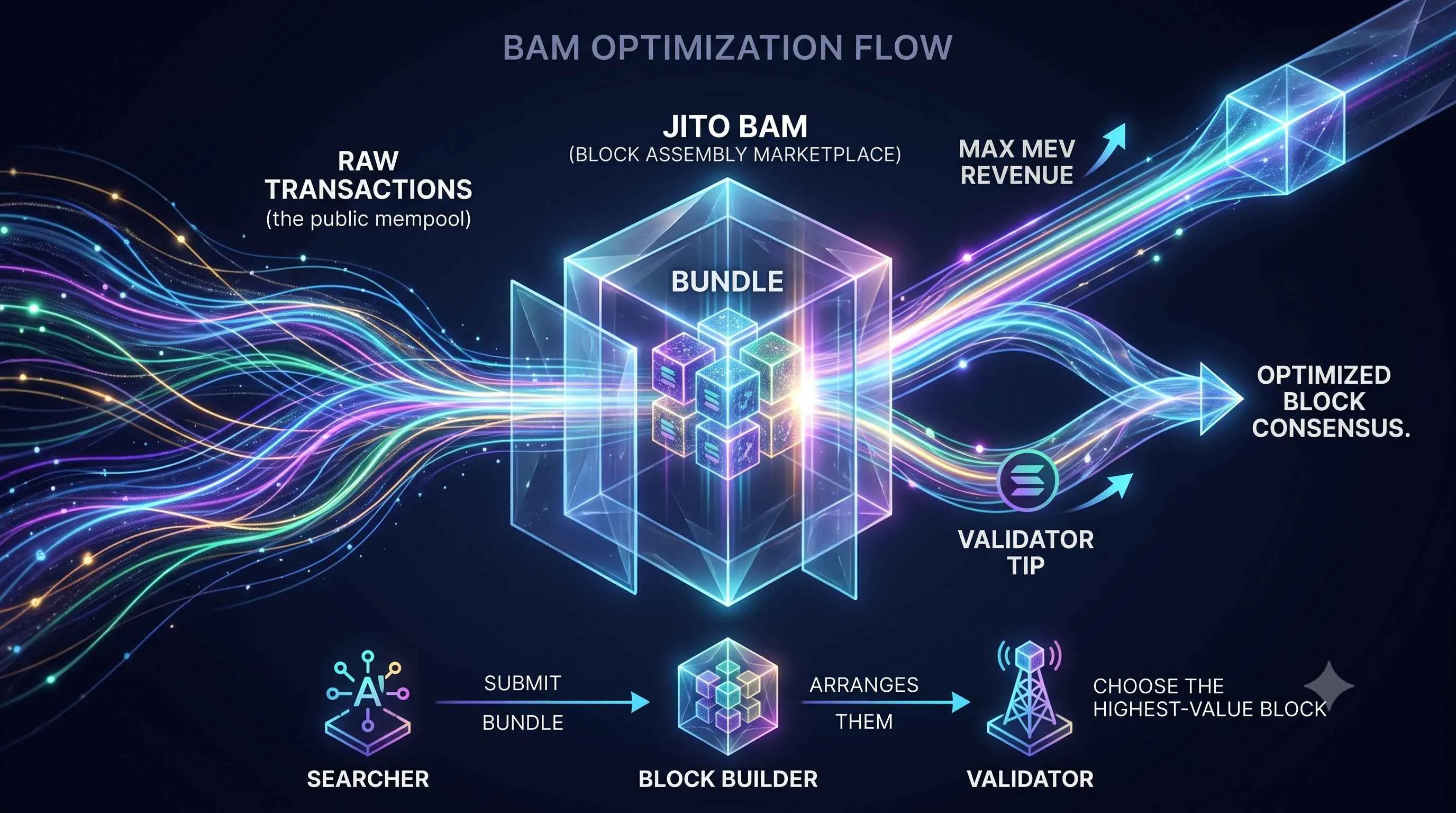 Illustration of Jito BAM, highlighting Solana's block assembly marketplace and its impact on decentralized finance (DeFi).