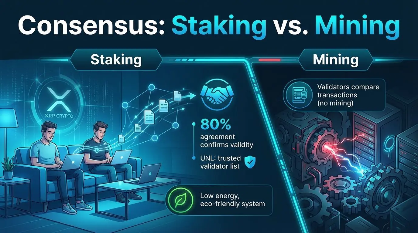 XRP Ledger overview graphic illustrating consensus mechanisms and staking differences in cryptocurrency networks.