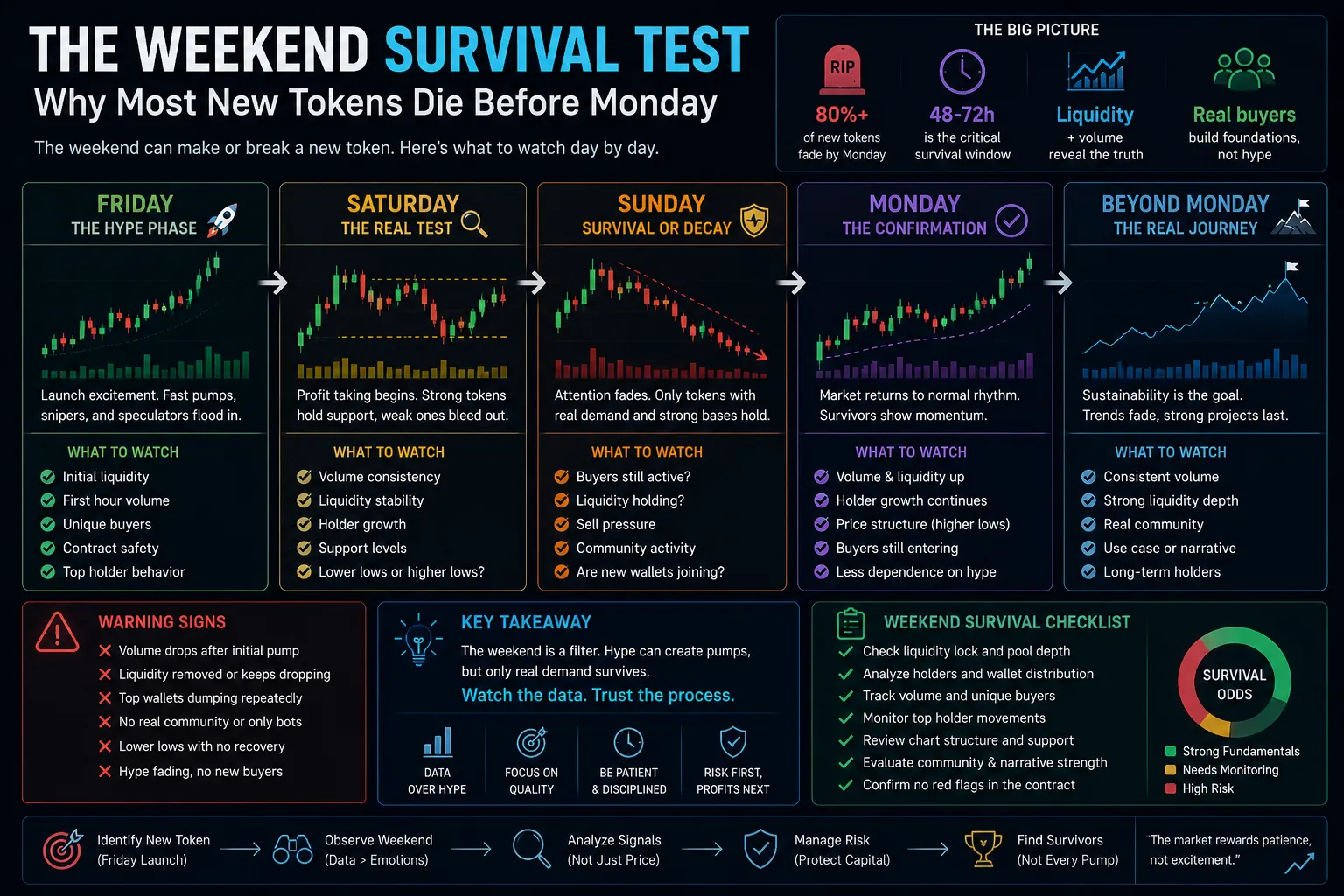 New cryptocurrency tokens face high volatility and risk of failure during weekend trading, as highlighted in the article.