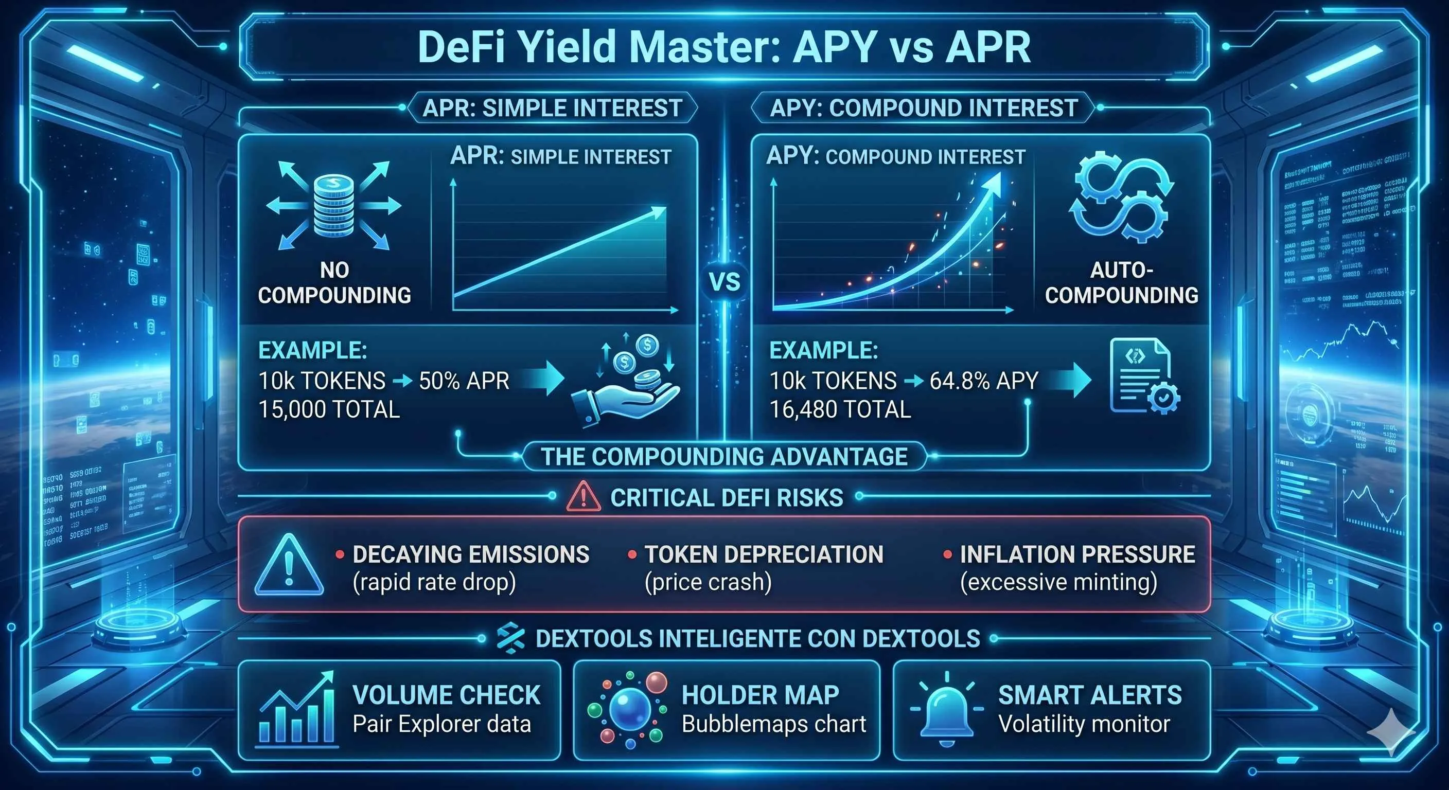 Infographic comparing APY and APR in crypto, highlighting their impact on DeFi yields and investment strategies.