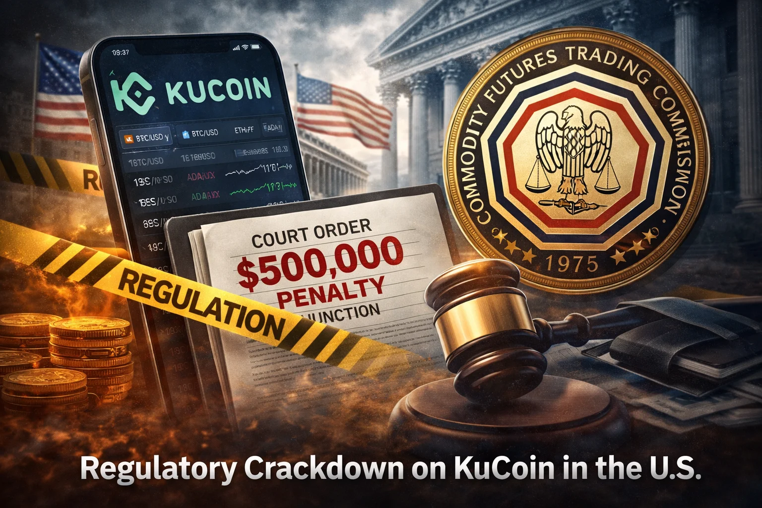 KuCoin 로고와 미국 국회의사당 배경, 해외 거래소에 대한 미국의 stricter 규제를 상징합니다.