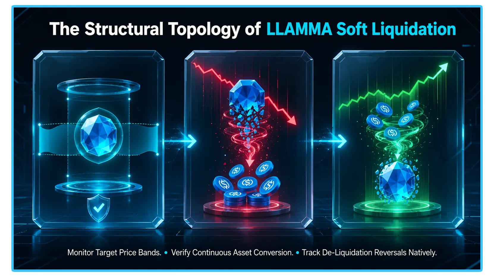 Illustration of the LLAMMA Engine concept in crvUSD soft liquidations for decentralized lending and risk management.