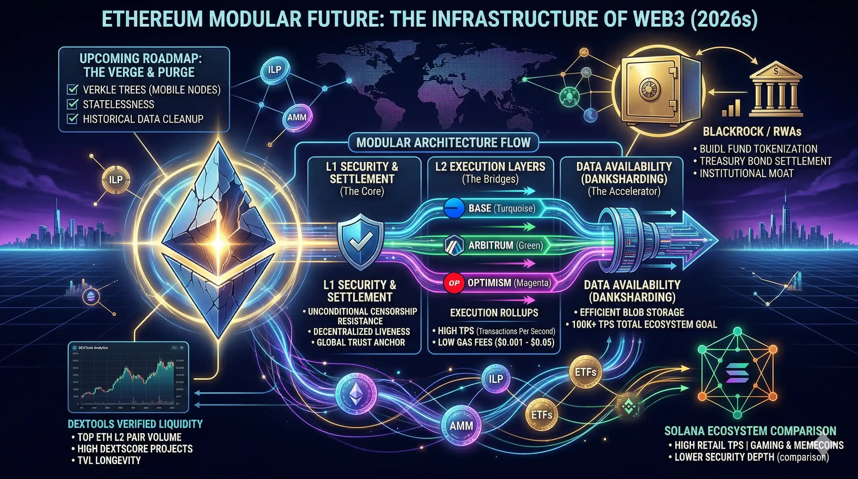 Ethereum-Logo mit einem futuristischen digitalen Hintergrund, der seine potenzielle Transformation bis 2026 symbolisiert, während der Markt spekuliert.