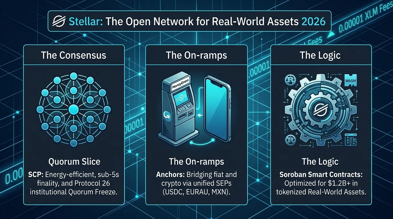 Stellar (XLM) Logo mit einem digitalen Netzwerk-Hintergrund, das seine Rolle bei globalen grenzüberschreitenden Zahlungen symbolisiert.