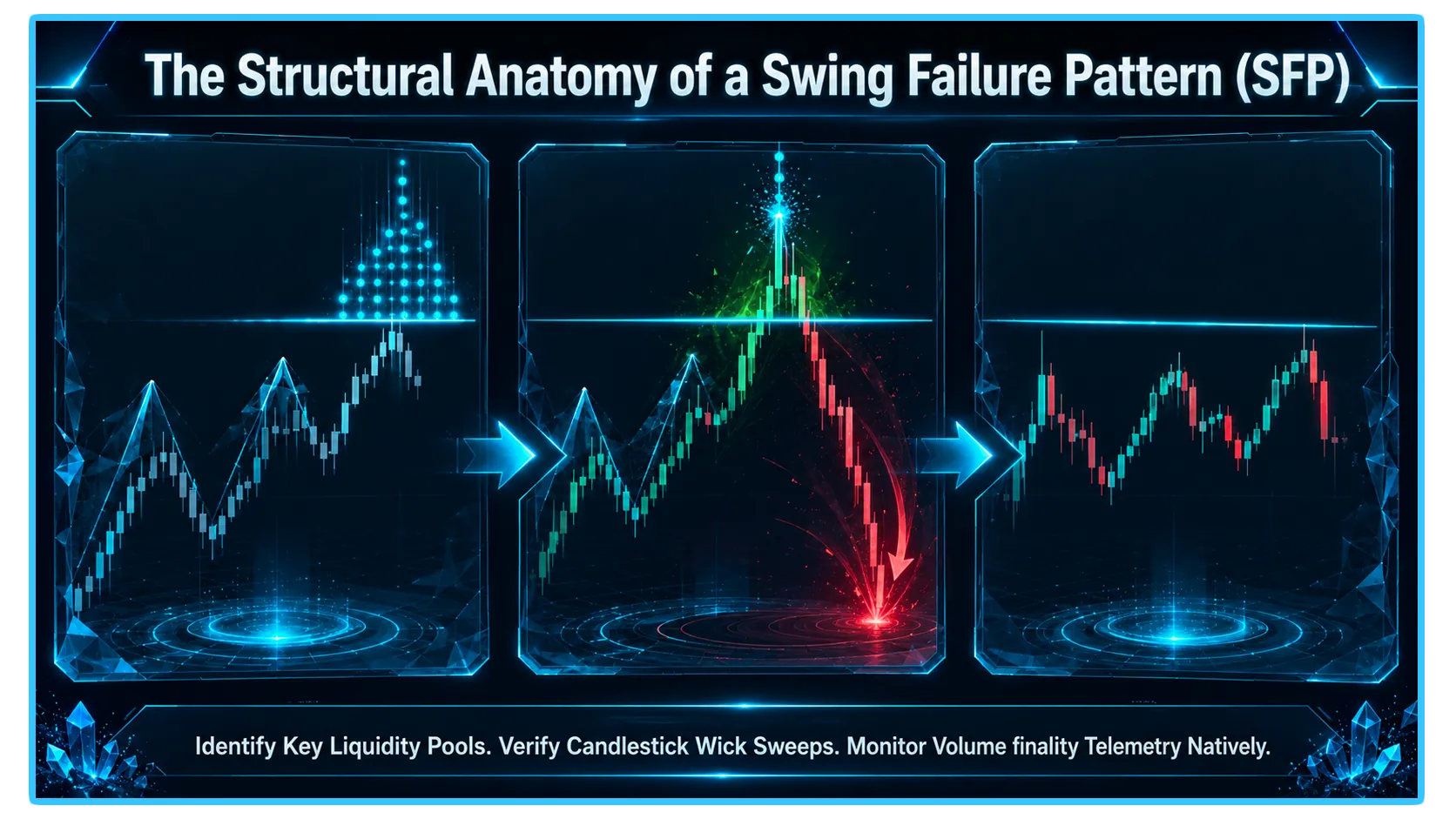 Illustration of Swing Failure Pattern (SFP) in trading, highlighting failed breakouts and market dynamics.