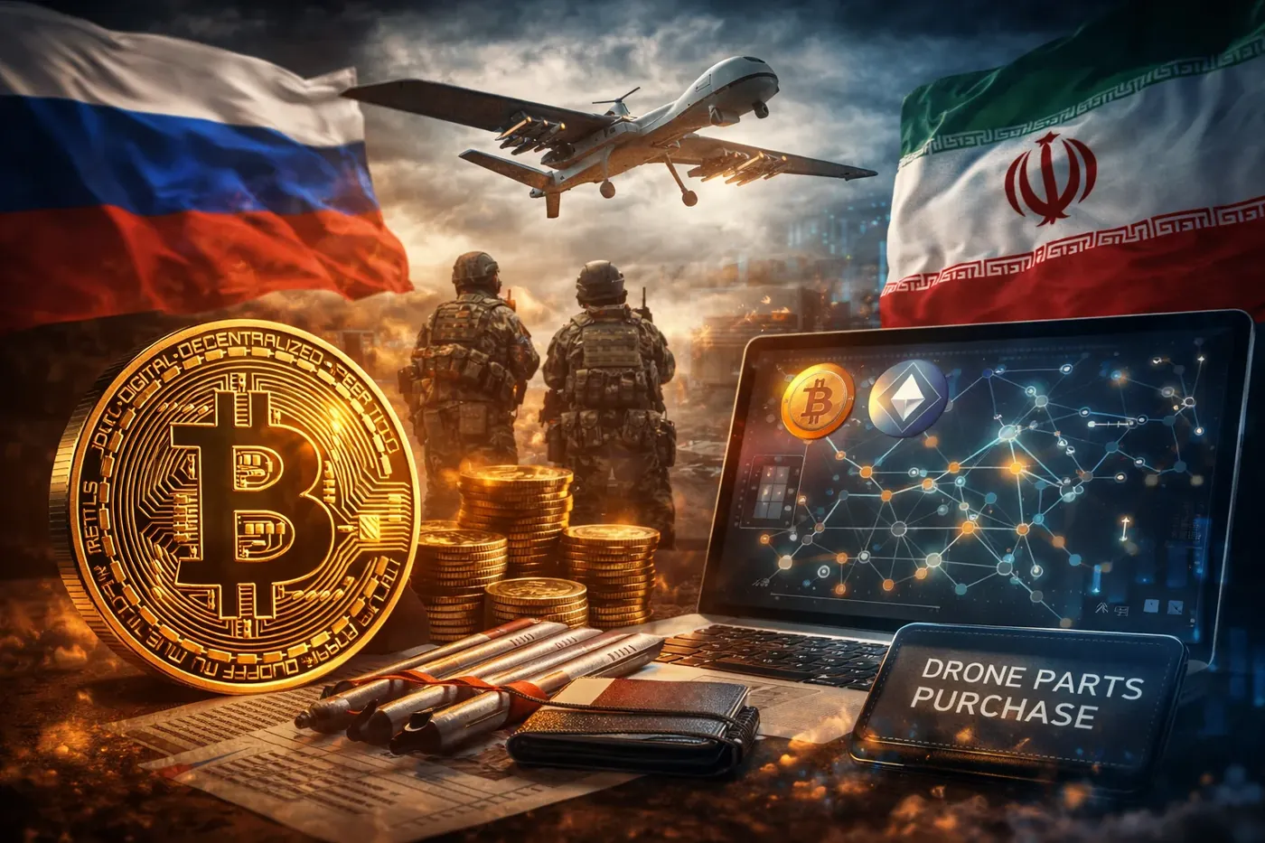 Bitcoin und Kryptowährungs-Konzeptbild, das finanzielle Freiheit und dezentrale Macht in einer digitalen Landschaft darstellt.