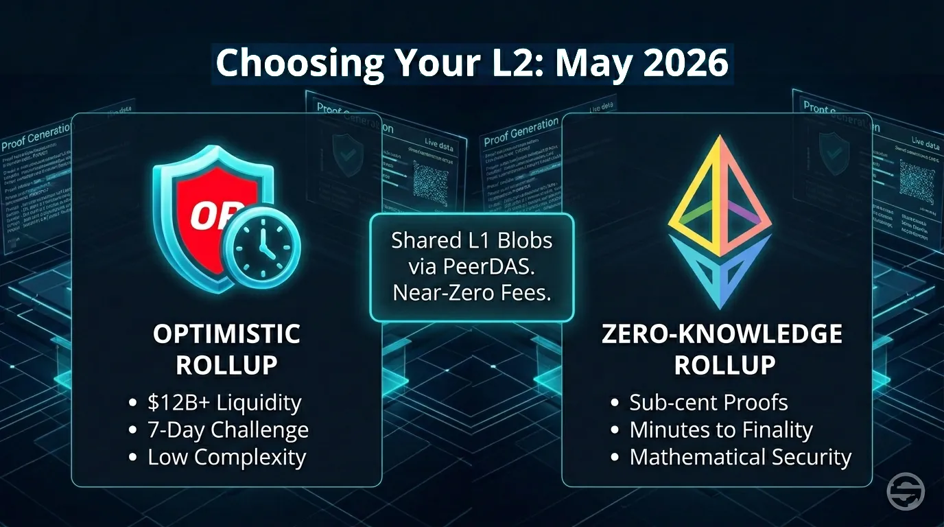 Comparison of Optimistic Rollups and ZK Rollups for Ethereum scaling solutions in 2026.
