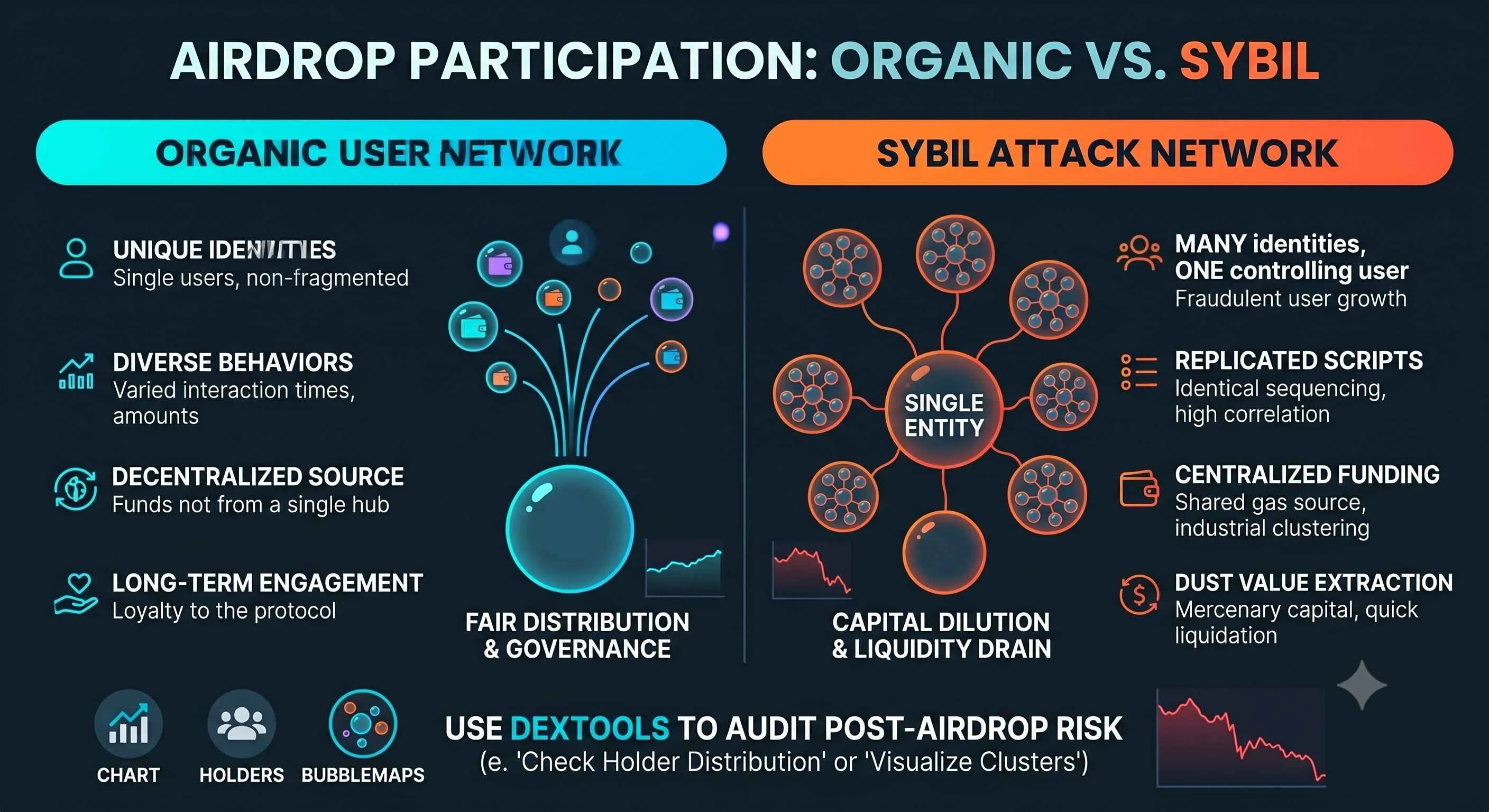 Illustration explaining Sybil attacks in airdrops and associated disqualification risks in decentralized finance.