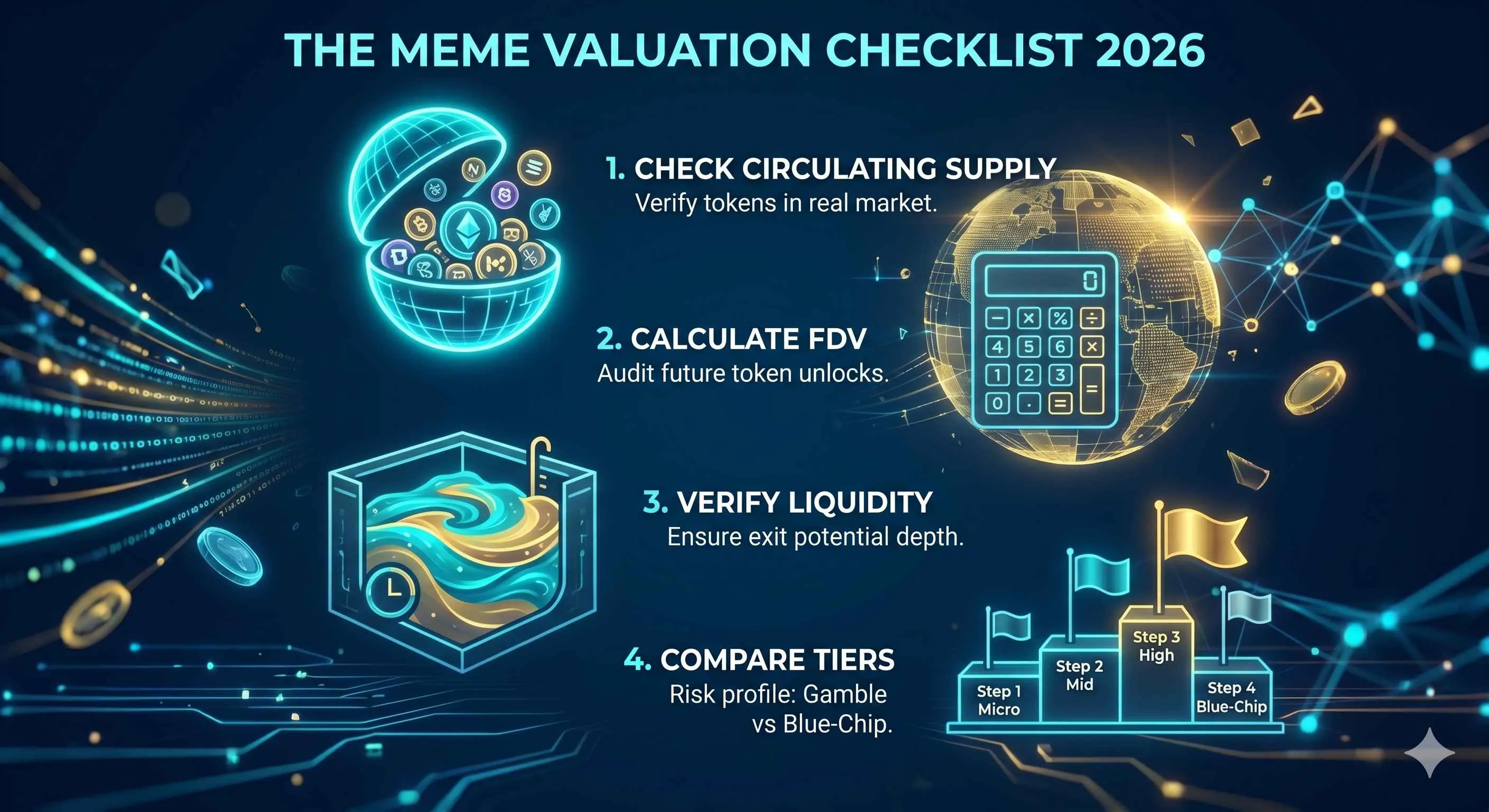 Meme Coin Marktkapitalisierungsanalyse mit Visualisierungen, die Marktkapitalisierung, FDV und Token-Angebotsdynamiken im Krypto-Handel illustrieren.