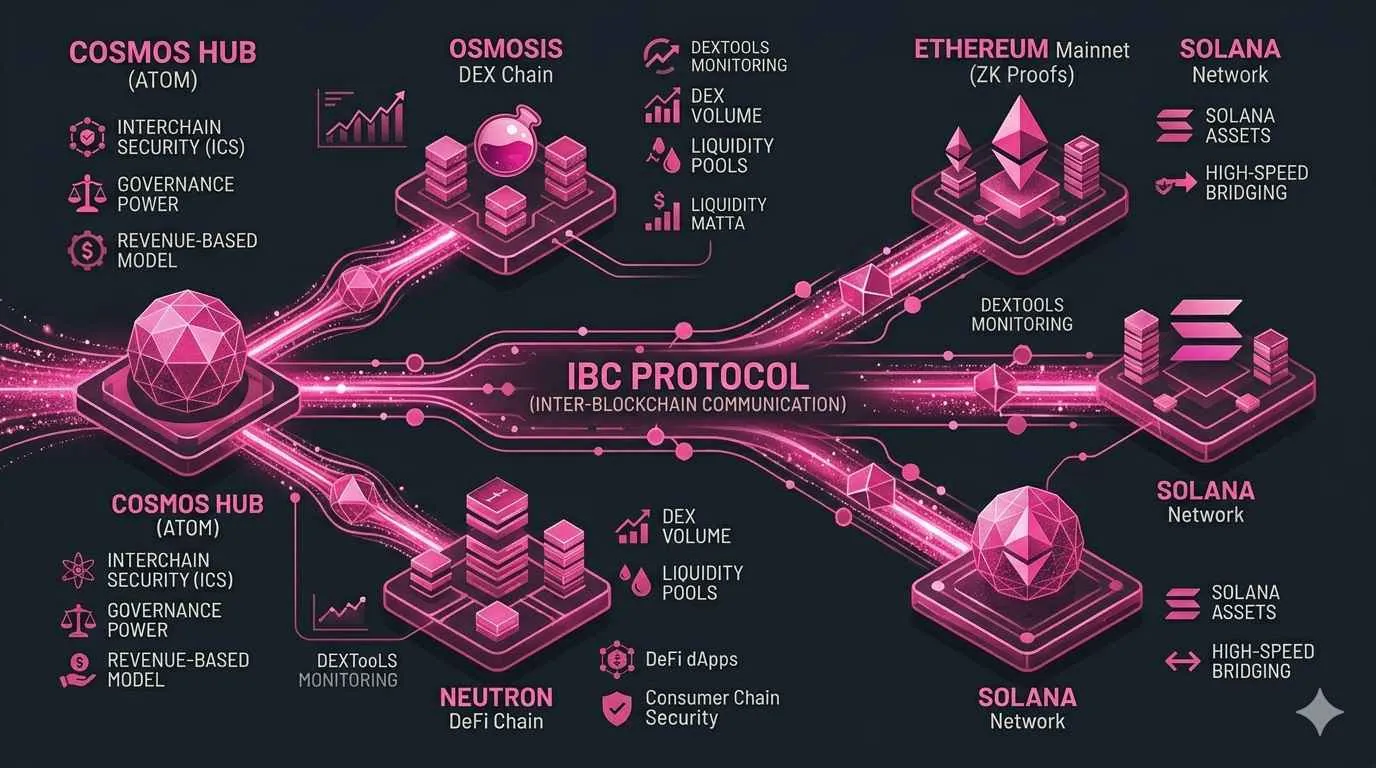 Illustration des Cosmos (ATOM)-Konzepts, das miteinander verbundene Blockchains und das Internet der Blockchains zeigt.