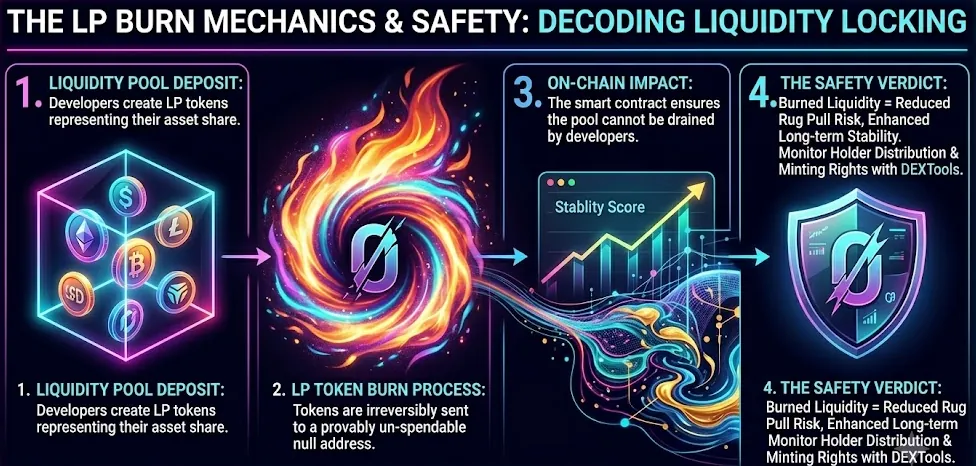 Illustration explaining LP burn in decentralized finance and its implications for token safety in DeFi markets.