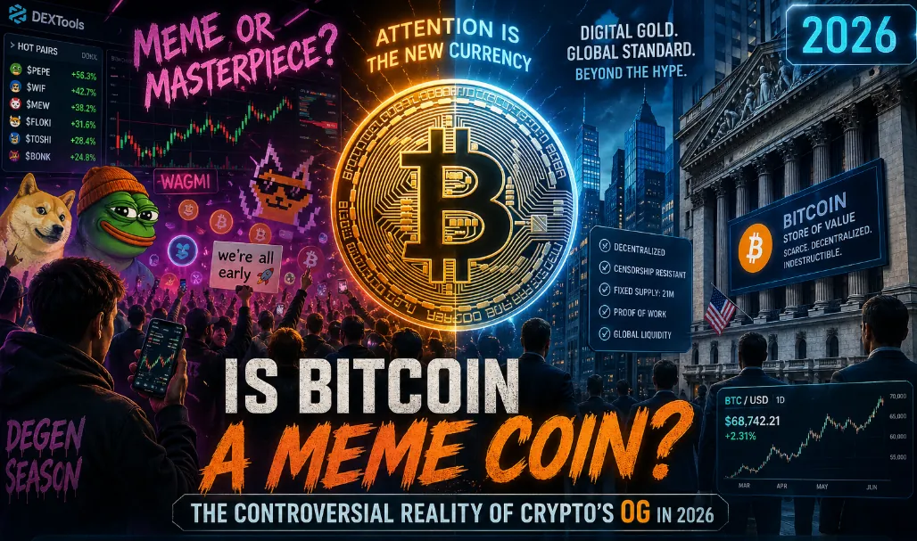 Bitcoin logo with a digital background, symbolizing its evolution and debate as a meme coin in the 2026 cryptocurrency landscape.